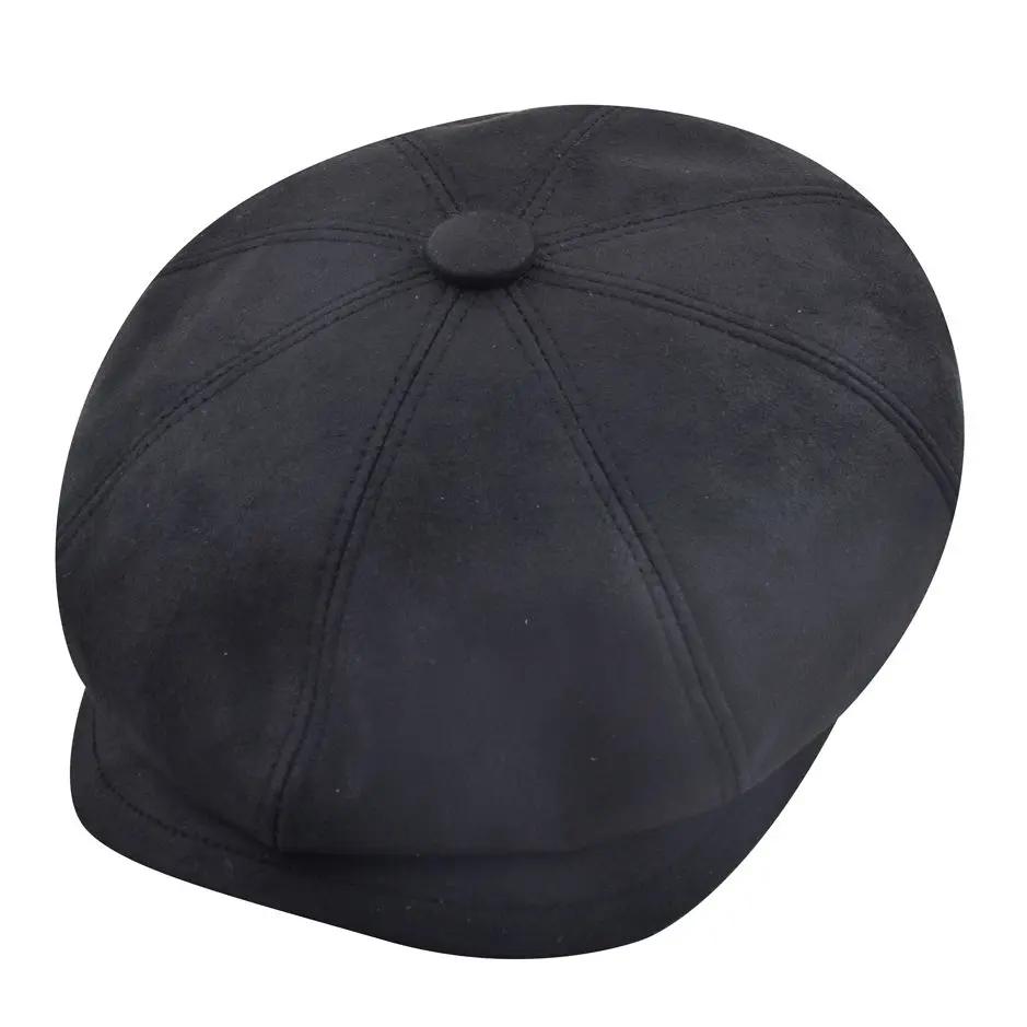 Leather Cabbie Newsboy Cap - Black