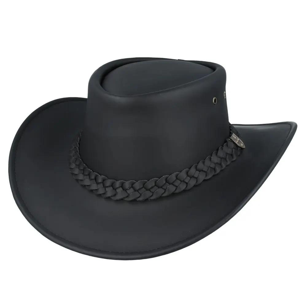The Australian Style Buffalo Leather Cowboy Hat from Novella Hats collection is crafted from thick, durable leather, showcasing premium quality. Featuring a shapeable 7.5cm curved brim and a 10cm high crown, this Western hat includes a functional chin strap, side eyelets for aeration, and a Gladwin Bond side pin. It also provides UPF 40+ protection, making it perfect for sunny adventures.