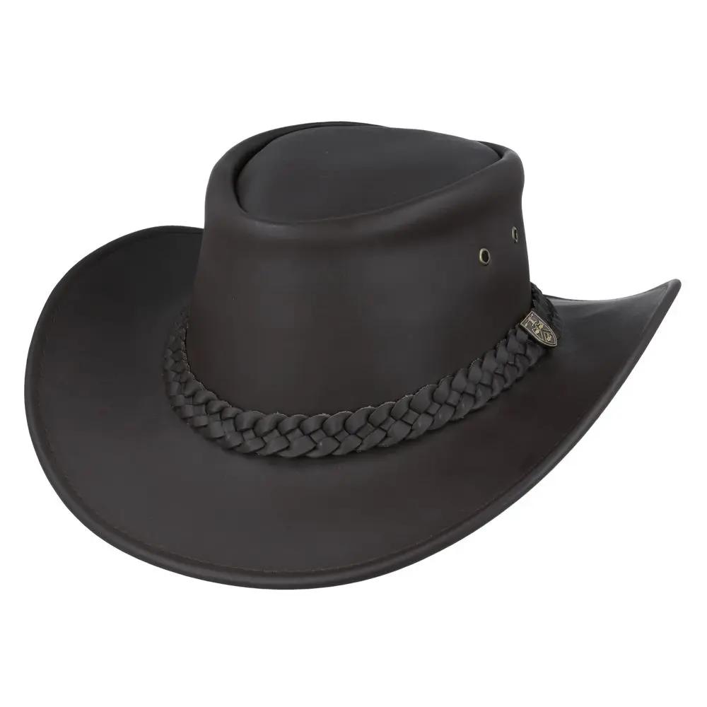 The Australian Style Buffalo Leather Cowboy Hat from Novella Hats collection is crafted from thick, durable leather, showcasing premium quality. Featuring a shapeable 7.5cm curved brim and a 10cm high crown, this Western hat includes a functional chin strap, side eyelets for aeration, and a Gladwin Bond side pin. It also provides UPF 40+ protection, making it perfect for sunny adventures.