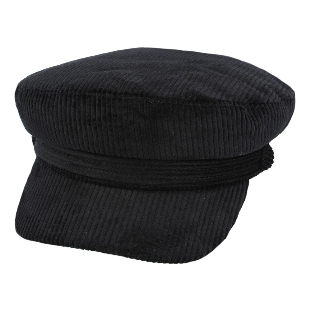 Novella Corduroy Sailor Cap in Black – Front View of Breton Style Hat with Visor