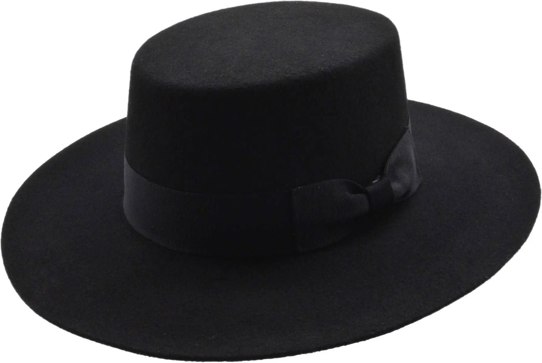 Classic Boater Hat: Black, water-resistant 100% wool felt. Handcrafted elegance, S-XL (55-60cm). Satin-lined, ribbon-banded. Perfect for all occasions. Easy-care luxury.