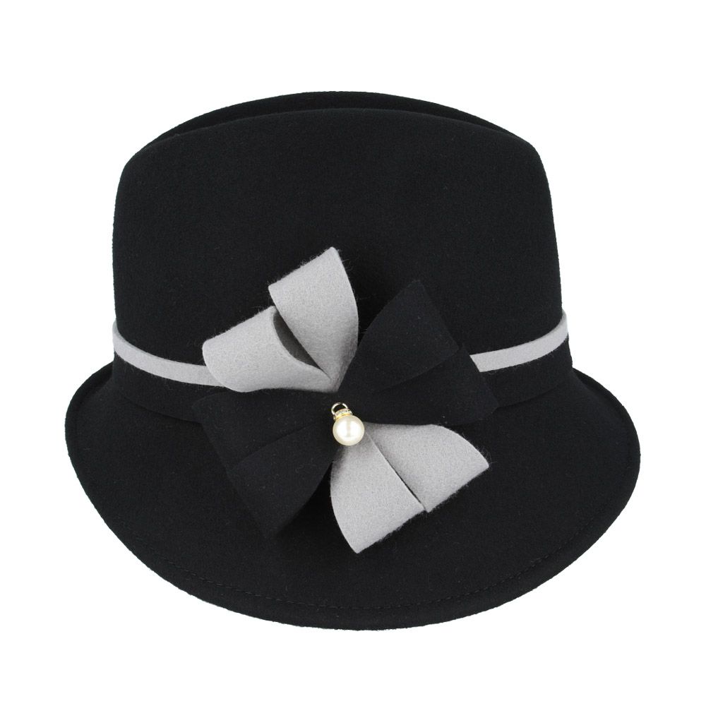 Side View Showing Flower Bow and Belt Strap Detail on Wool Cloche Hat