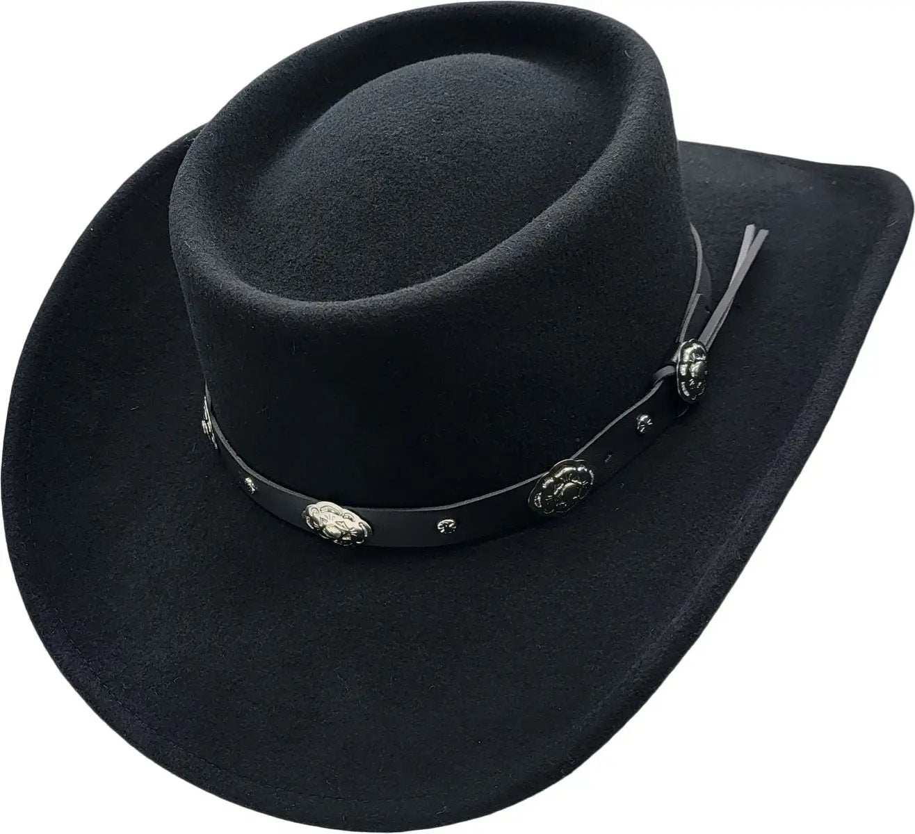 Iconic Tombstone-style black gambler hat crafted from 100% water-repellent wool felt. Features movie-inspired design with stiff construction and internal adjustable strap. Available in S/M (55-57cm) and L/XL (58-60cm). The perfect blend of Western film heritage and practical weather protection.