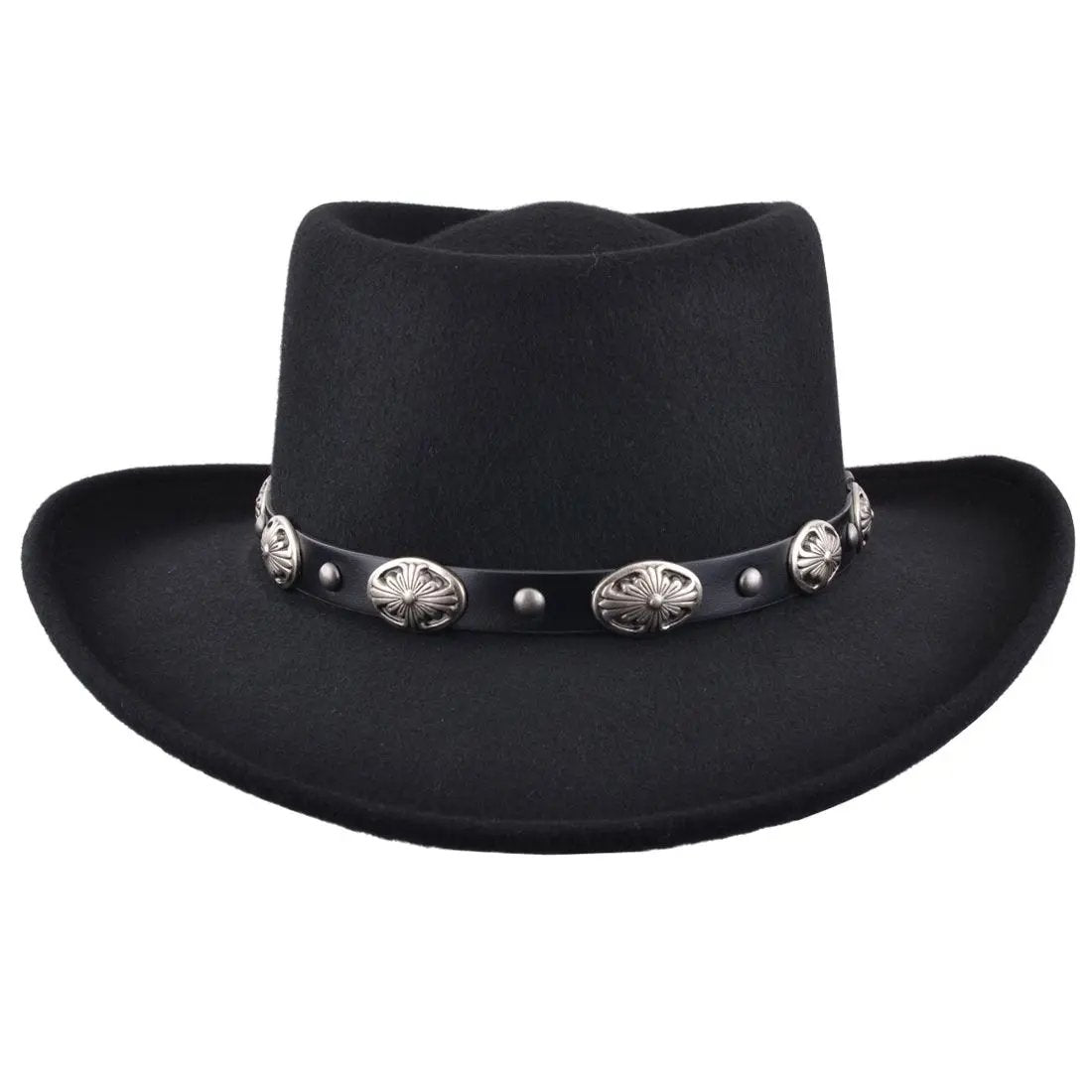 Western Style Gambler Wool Felt Hat in Black is a perfect blend of classic style and modern functionality. 100% wool felt Gambler Cowboy Hat. Crushable, water-repellent, with a wide 7cm brim and a 10cm crown. Adorned with a Tombstone leather band. Sizes from small to extra-large. Hat Details: Material: 100% Wool Felt