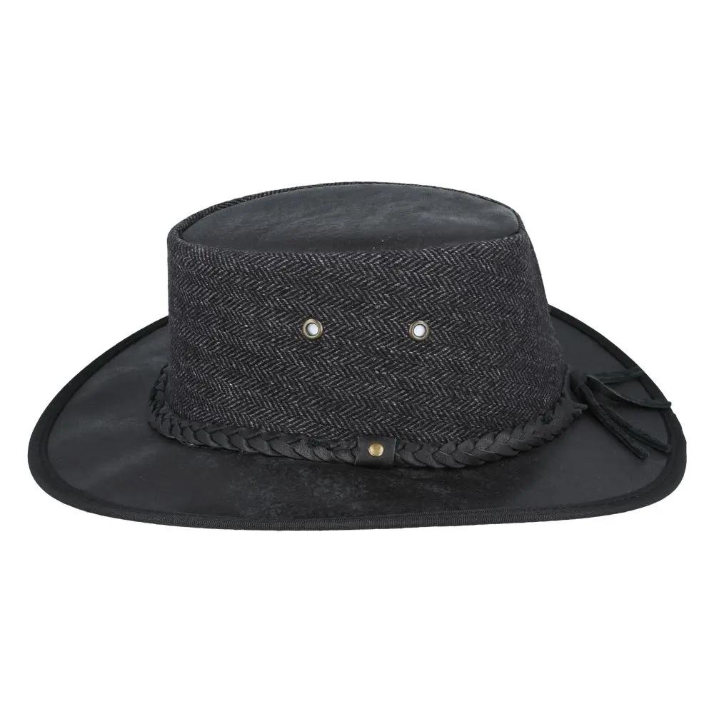 Black leather Western outback hat with herringbone pattern, genuine wool blend, and UPF 40+ protection. Features 10cm crown, 7.5cm shapeable brim, braided leather band, chin strap, and cooling eyelets. Sizes 55-61cm. Authentic Aussie design.