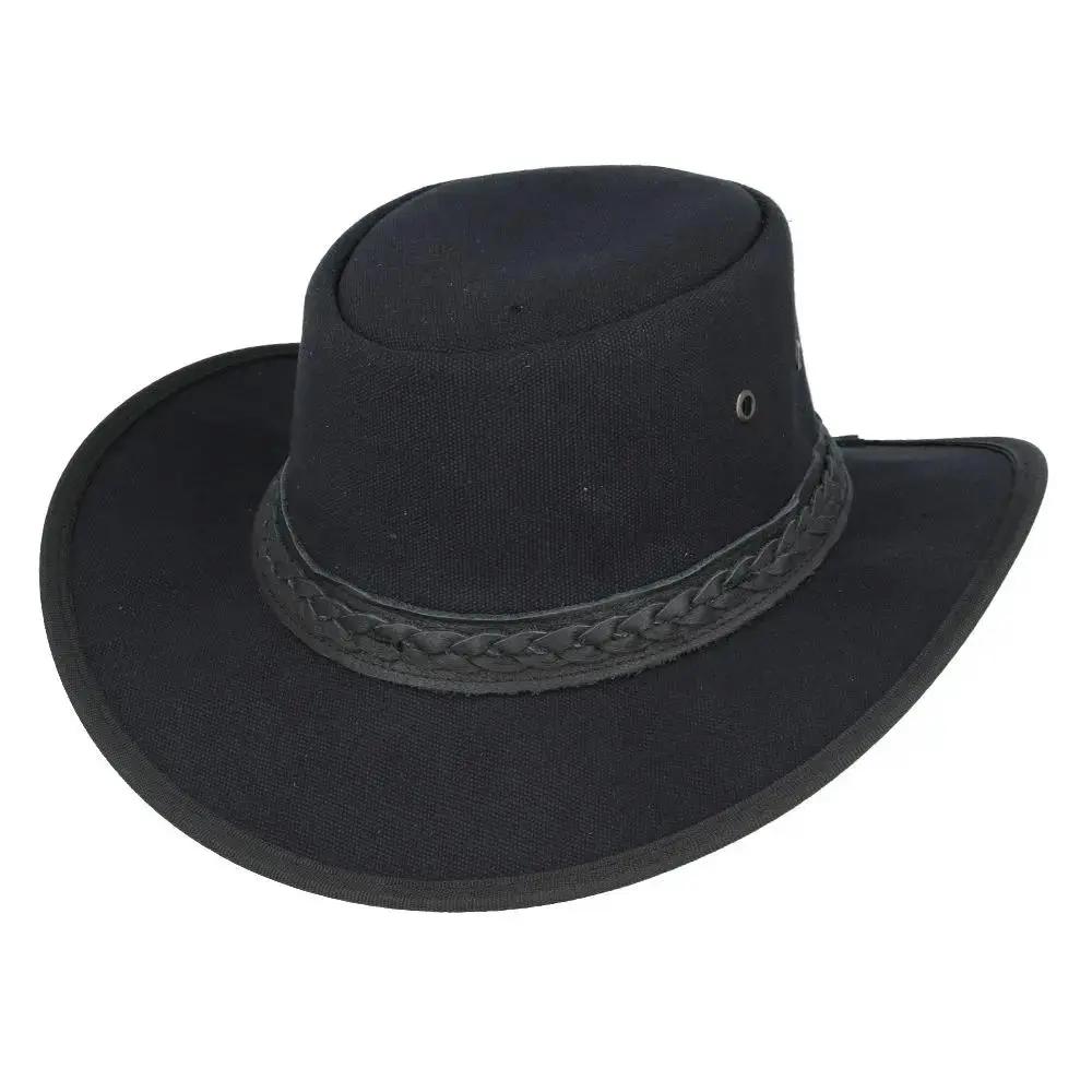 Authentic Australian outback hat in thick waxed canvas with UPF 40+ protection. Features 10cm crown height, chin strap, and braided leather band. Available in Black, Brown, and Olive, sizes 55-61cm. Perfect for outback adventures with maximum ventilation and sun protection.