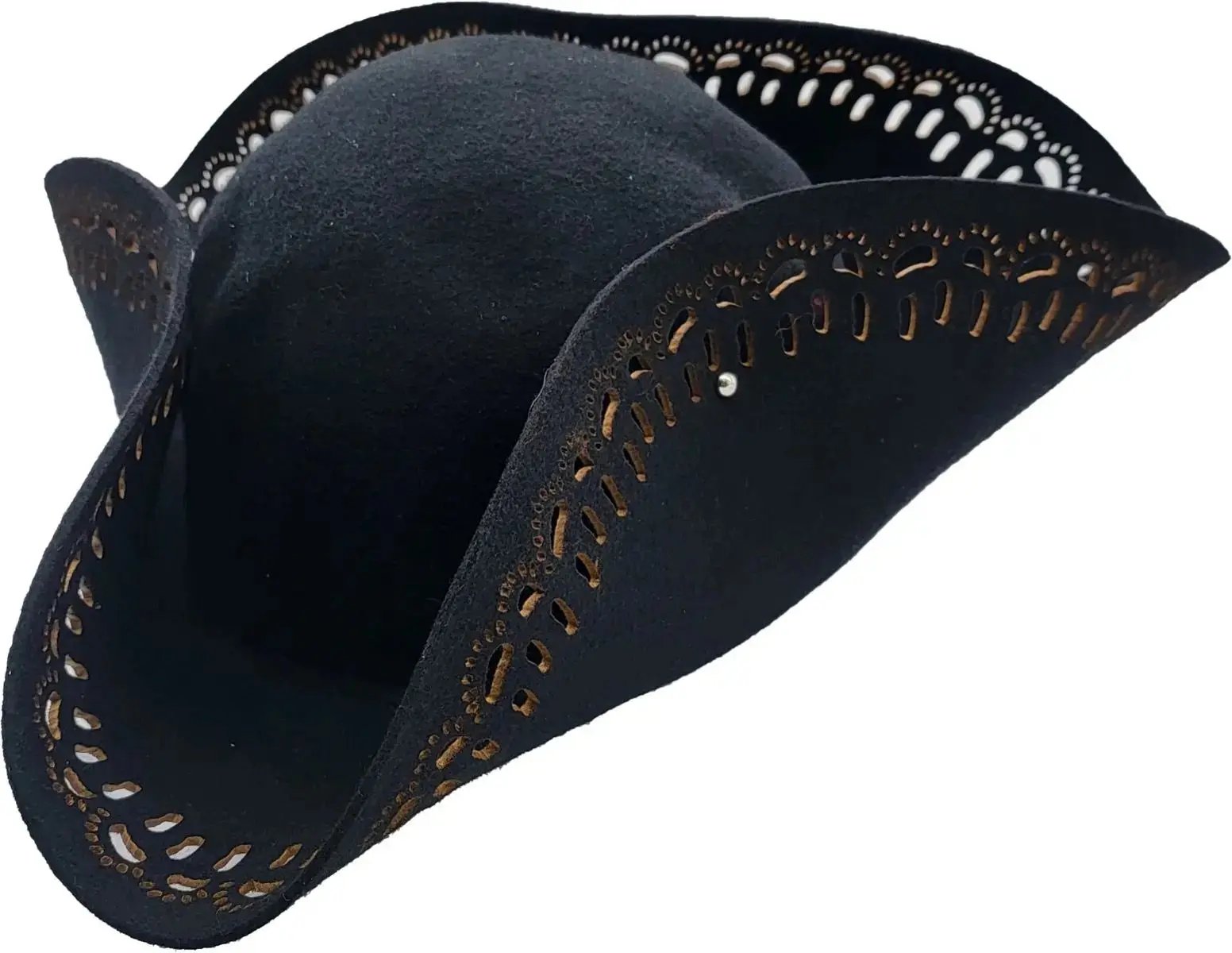 One-size Pirate Tricorn Hat for all. Ideal for Halloween, carnival, theatre. Black & Burgundy. Lightweight, comfortable. Perfect for pirate themes, photo shoots.