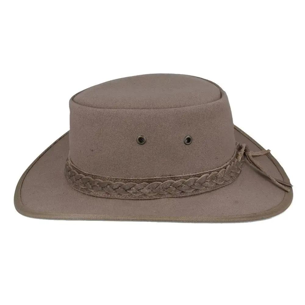 Authentic Australian outback hat in thick waxed canvas with UPF 40+ protection. Features 10cm crown height, chin strap, and braided leather band. Available in Black, Brown, and Olive, sizes 55-61cm. Perfect for outback adventures with maximum ventilation and sun protection.
