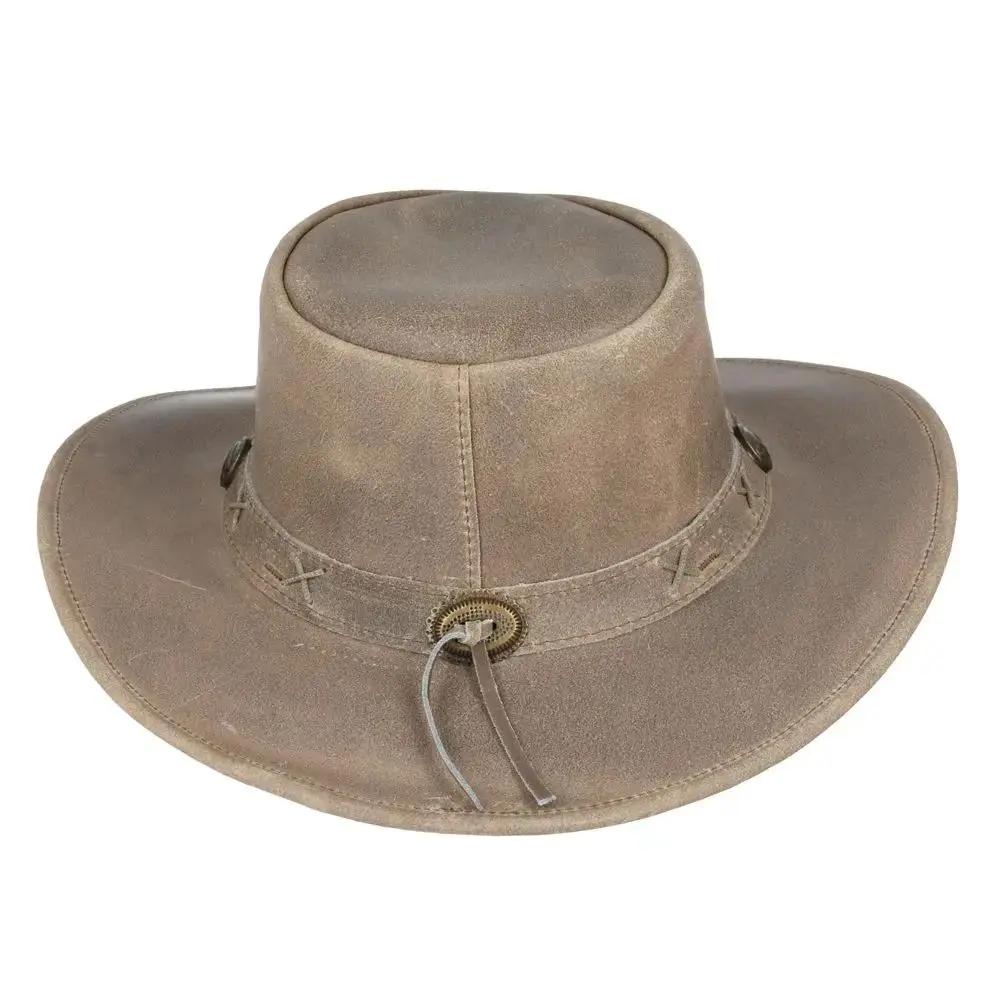 Genuine crazy leather Western Outback hat. UPF 40+ protection. Shapeable brim, chin strap. Brown, Camel, Tan. Sizes S/M/L/XL. Vintage design meets sun safety. Hat Details: Brand: Gladwin Bond  Style: Western Outback Aussie Cowboy Hat Material: 100% Genuine Crazy Leather Colors: Brown, Camel, Tan.