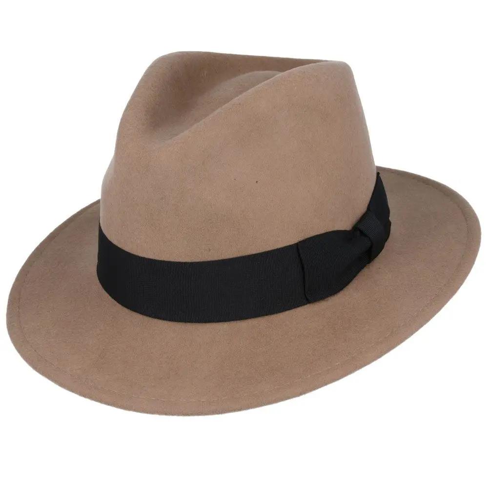 Wool Fedora Hat with Grosgrain Band. Handmade, 100% wool, with a 7cm wide brim and 11cm high crown. Features a comfortable cotton sweatband and black belt band. Packable and versatile. Available in all sizes. Key Features: Material: 100% Wool Style: Wide Brim Fedora Sweatband: Comfortable Cotton Brim.