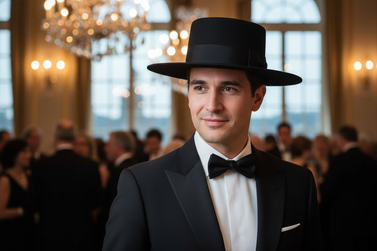 Styled Look – Formal Outfit with Black Wide Brim Pork Pie Hat - Spanish Hat - Boater Hat