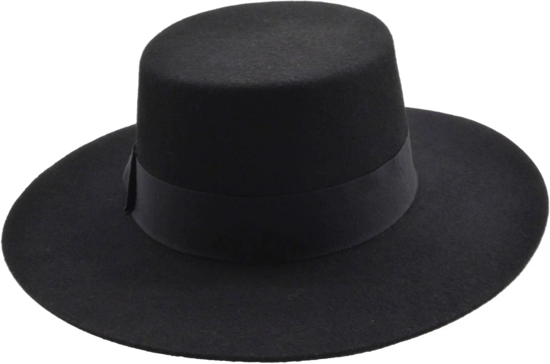 Classic Boater Hat: Black, water-resistant 100% wool felt. Handcrafted elegance, S-XL (55-60cm). Satin-lined, ribbon-banded. Perfect for all occasions. Easy-care luxury.