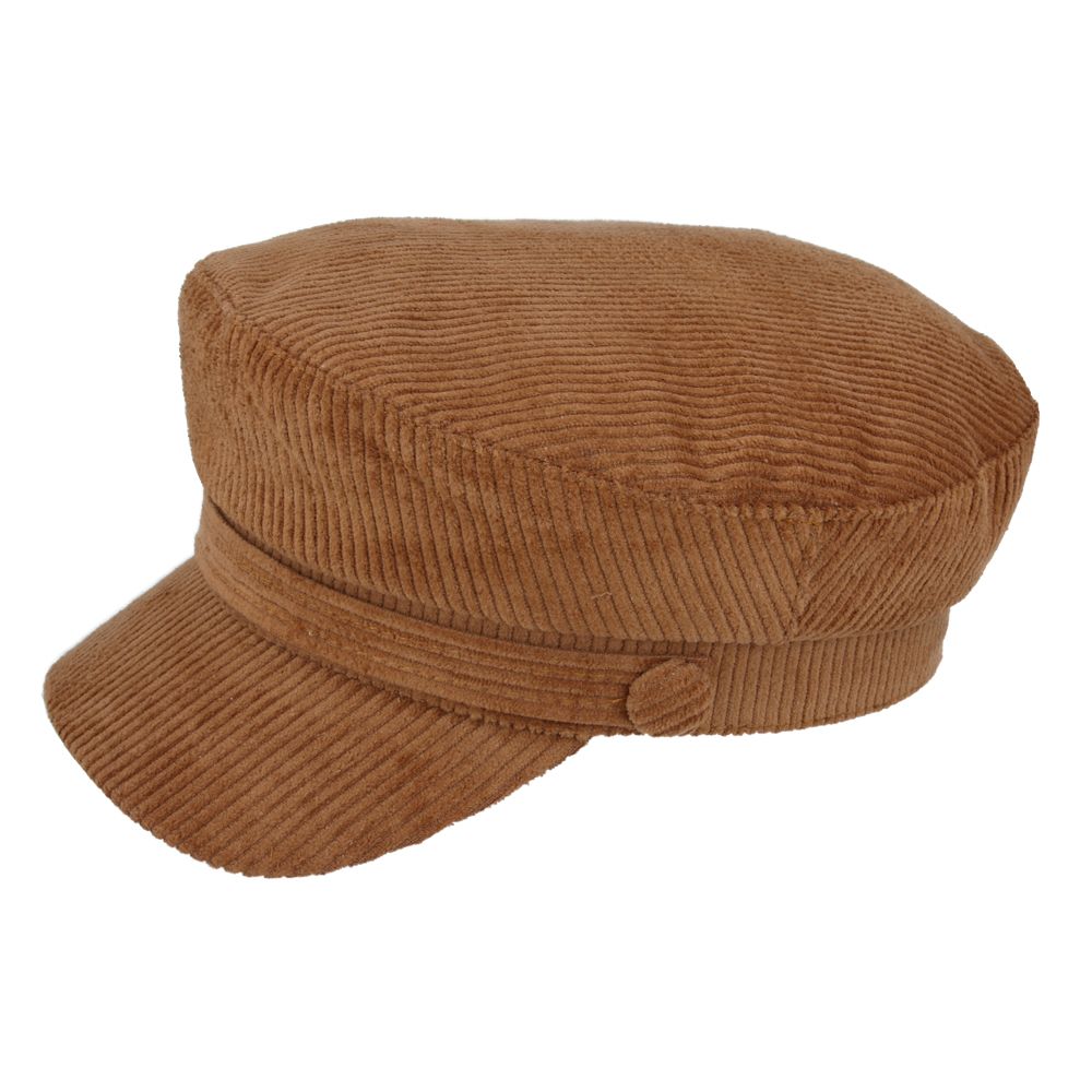 Camel Brown Corduroy Fiddler Cap with Side Buttons and Decorative Band by Novella