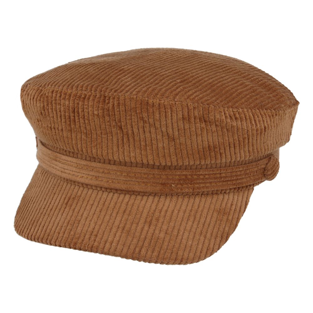 Novella Corduroy Breton Captain Hat in Camel Brown – Front View with Visor and Band