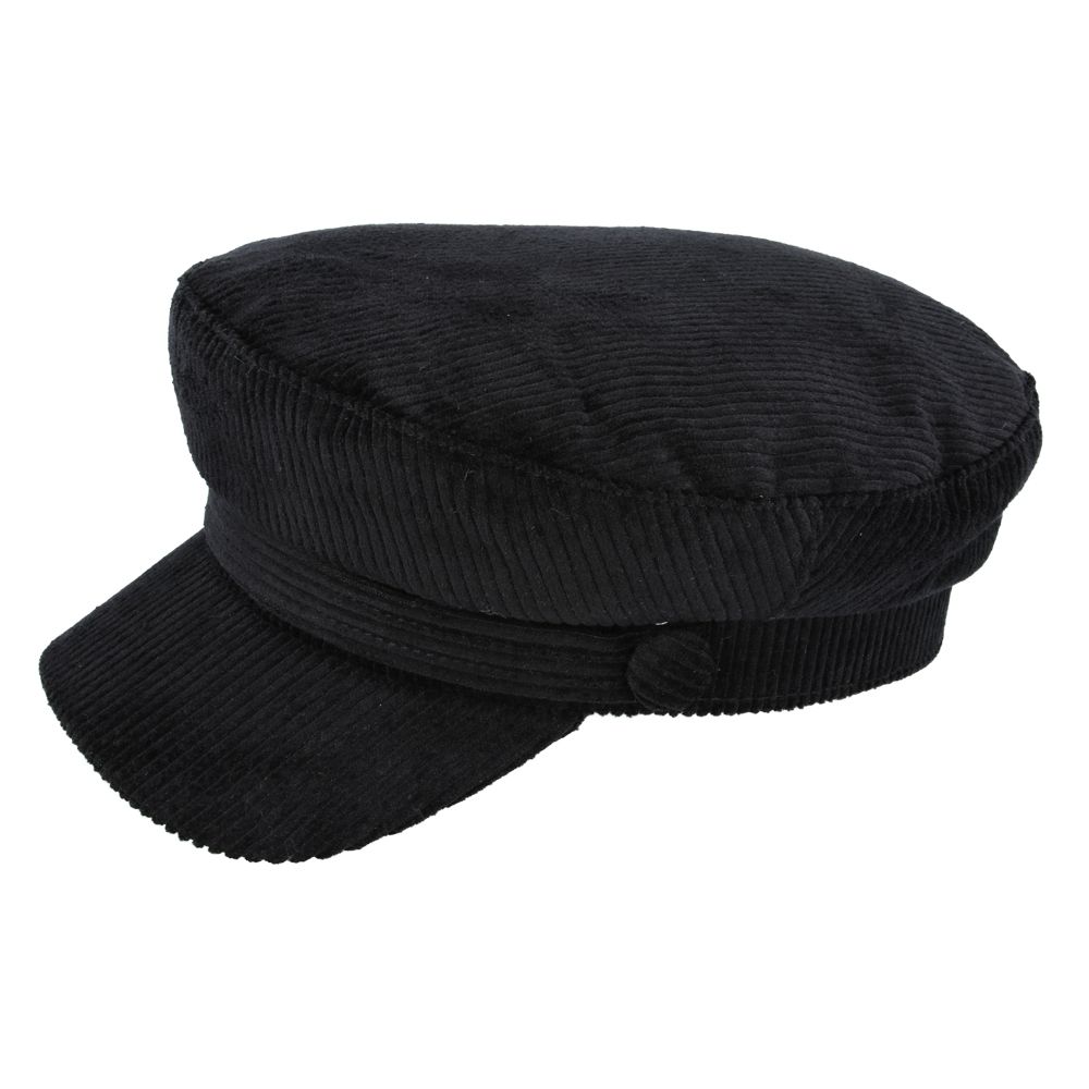 Black Corduroy Fiddler Hat with Side Button Detail and Textured Band – Novella Hats