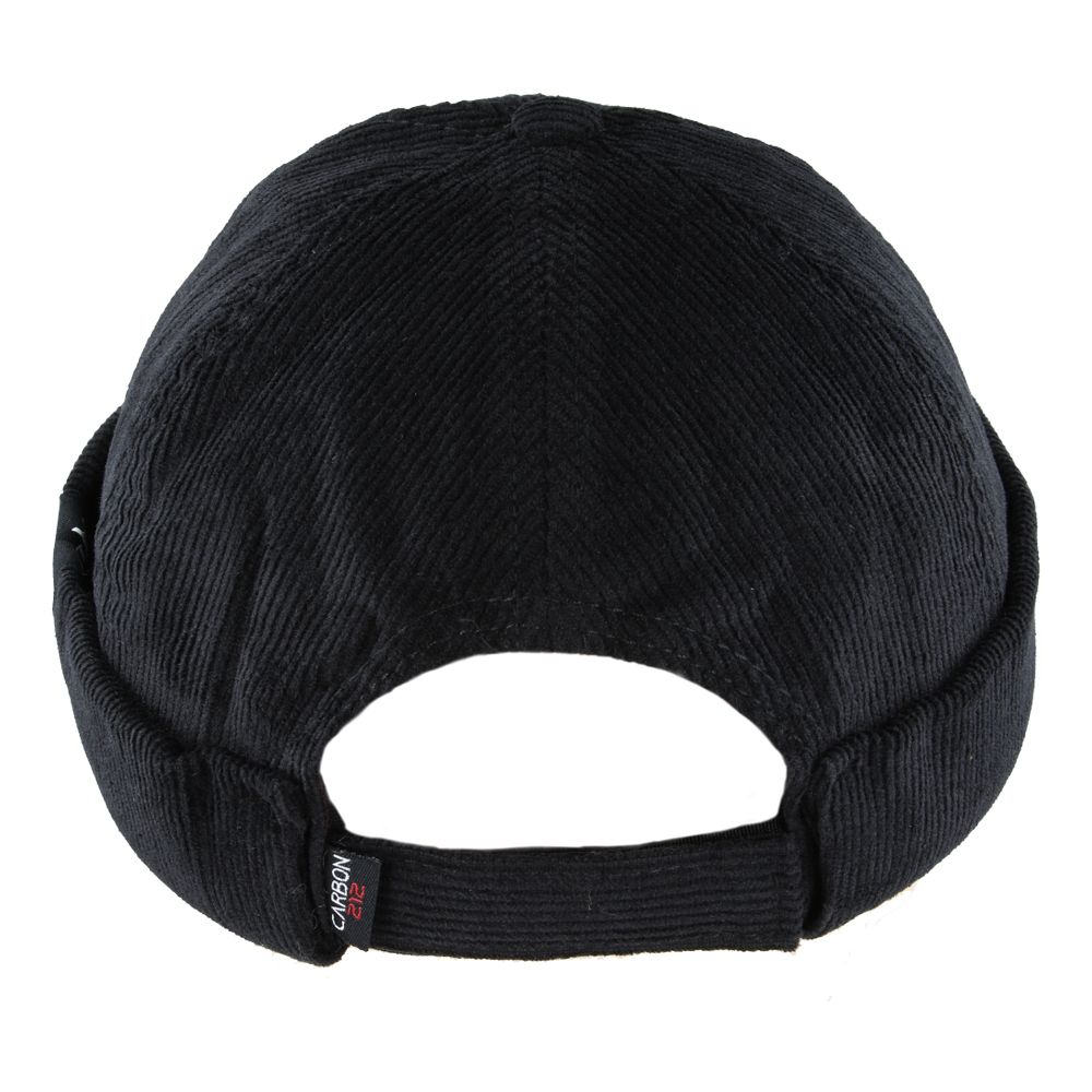 rear view of black rolled cuff retro cotton docker hats by novella hats