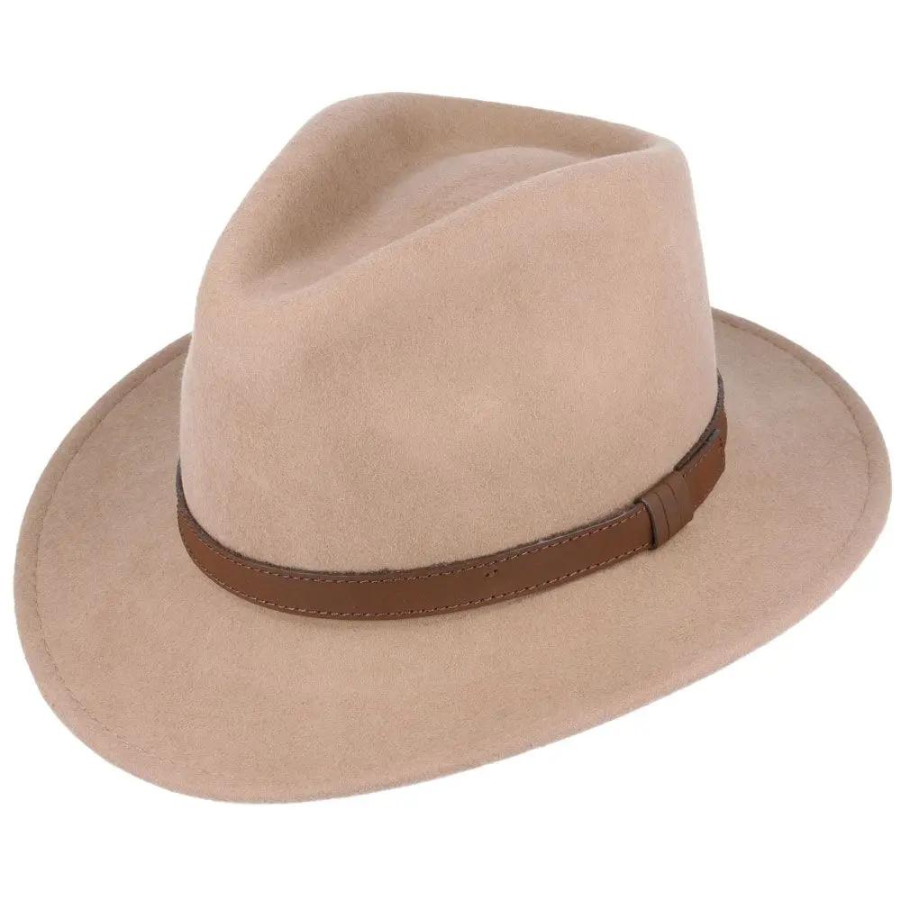 Crushable Wool Fedora Hat with Leather Band. Handmade, unisex, wide-brim (8cm) fedora with a 9cm high teardrop crown, 100% wool, cotton sweatband, and leather strap. Water-resistant and packable. Available in multiple sizes.
The Novella Hats Crushable Wool Fedora Hat is a stylish and functional accessory. Handmade with 100% premium wool, this unisex hat features a classic design with a modern teardrop crown and wide A-line shaped brim.