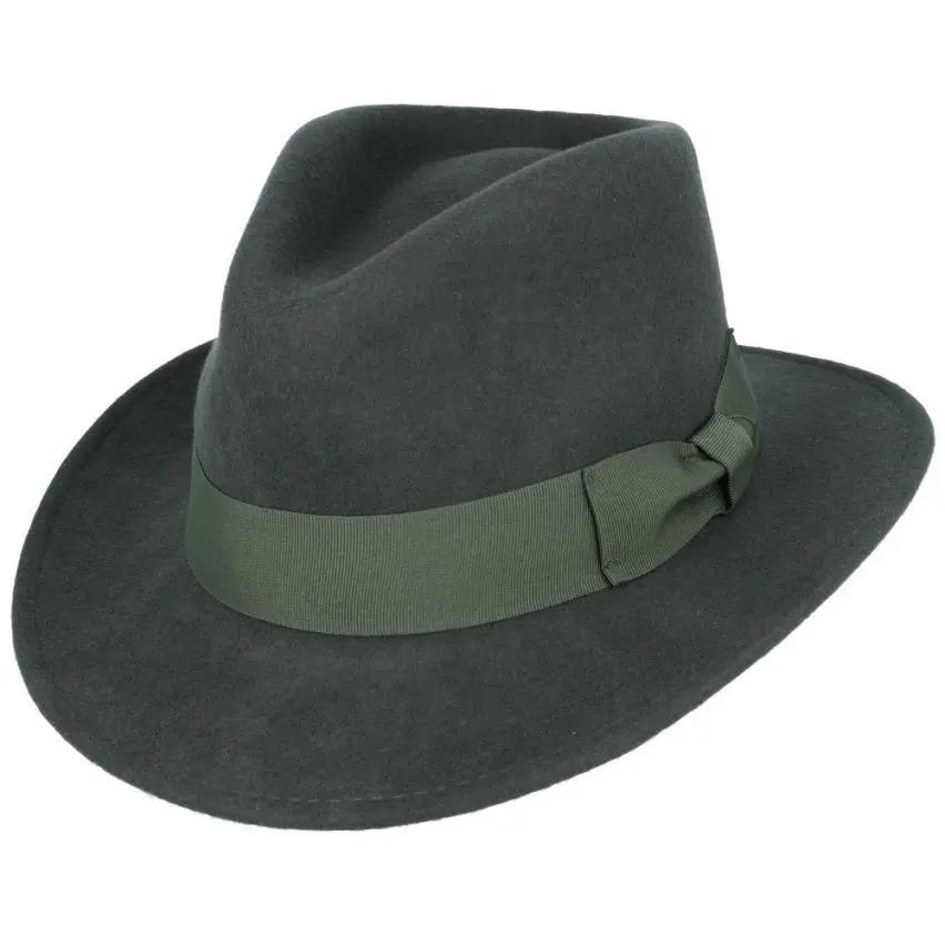 Wool Fedora Hat with Grosgrain Band. Handmade, 100% wool, with a 7cm wide brim and 11cm high crown. Features a comfortable cotton sweatband and black belt band. Packable and versatile. Available in all sizes. Key Features: Material: 100% Wool Style: Wide Brim Fedora Sweatband: Comfortable Cotton Brim.