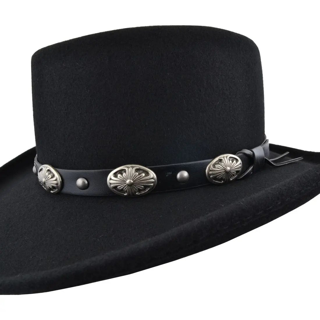 Western Style Gambler Wool Felt Hat in Black is a perfect blend of classic style and modern functionality. 100% wool felt Gambler Cowboy Hat. Crushable, water-repellent, with a wide 7cm brim and a 10cm crown. Adorned with a Tombstone leather band. Sizes from small to extra-large. Hat Details: Material: 100% Wool Felt