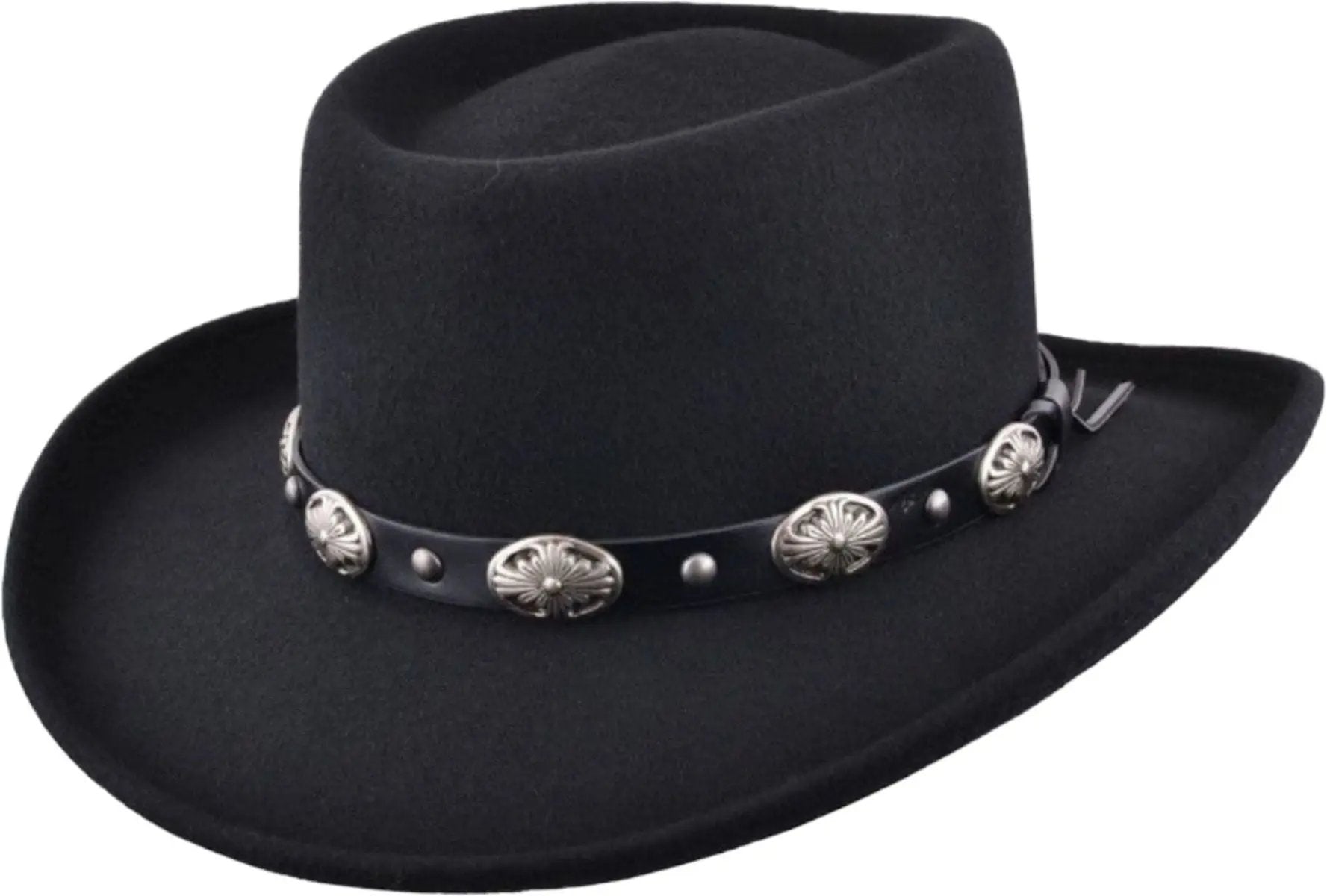 Iconic Tombstone-style black gambler hat crafted from 100% water-repellent wool felt. Features movie-inspired design with stiff construction and internal adjustable strap. Available in S/M (55-57cm) and L/XL (58-60cm). The perfect blend of Western film heritage and practical weather protection.