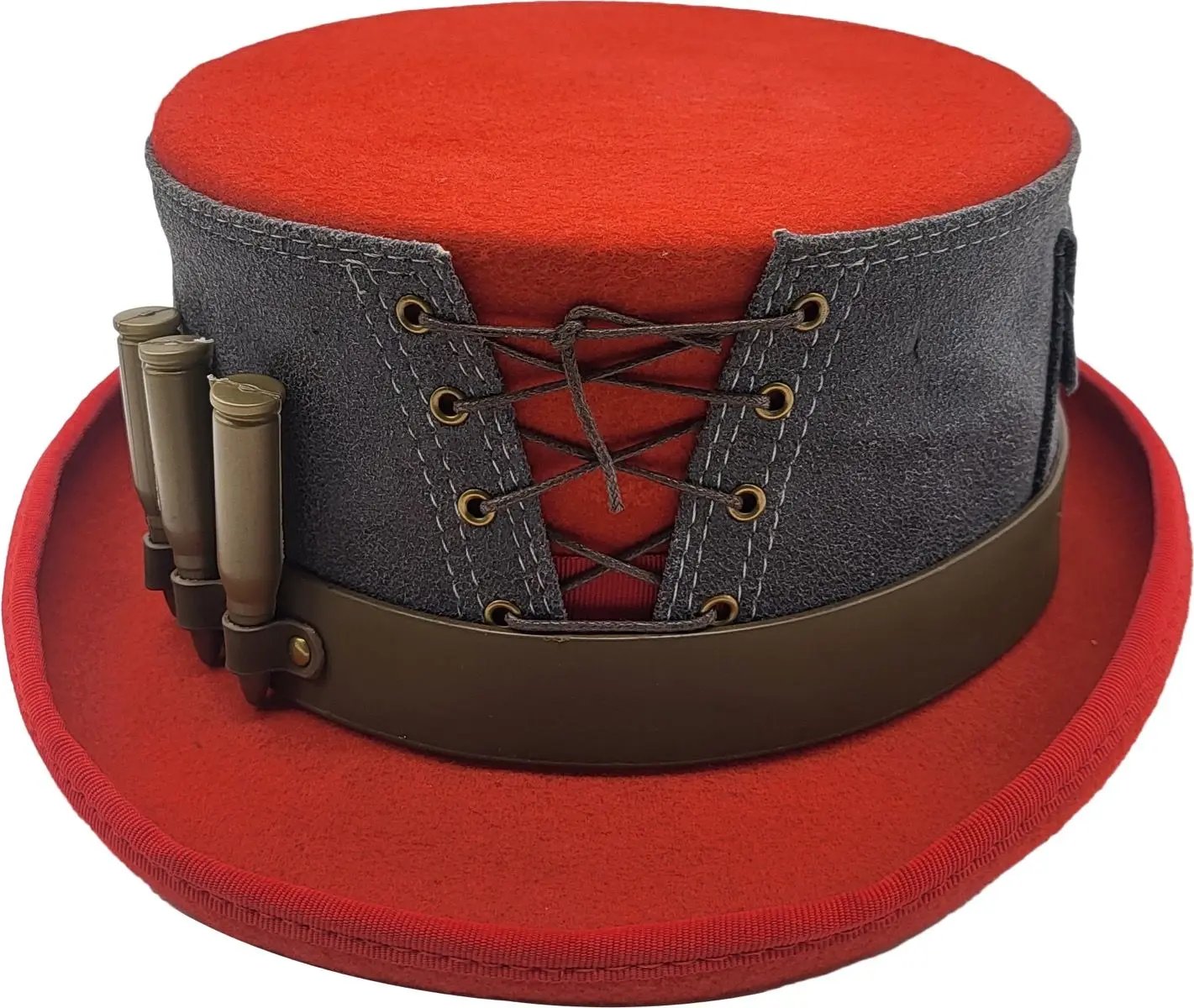 Striking red top hat handcrafted from 100% wool felt with genuine leather strap detailing. Features 12cm crown height and premium construction. Available in sizes Small to XL (55-60cm). Each hat combines luxurious wool, authentic leather, and superior craftsmanship. Perfect for steampunk style and statement dressing.