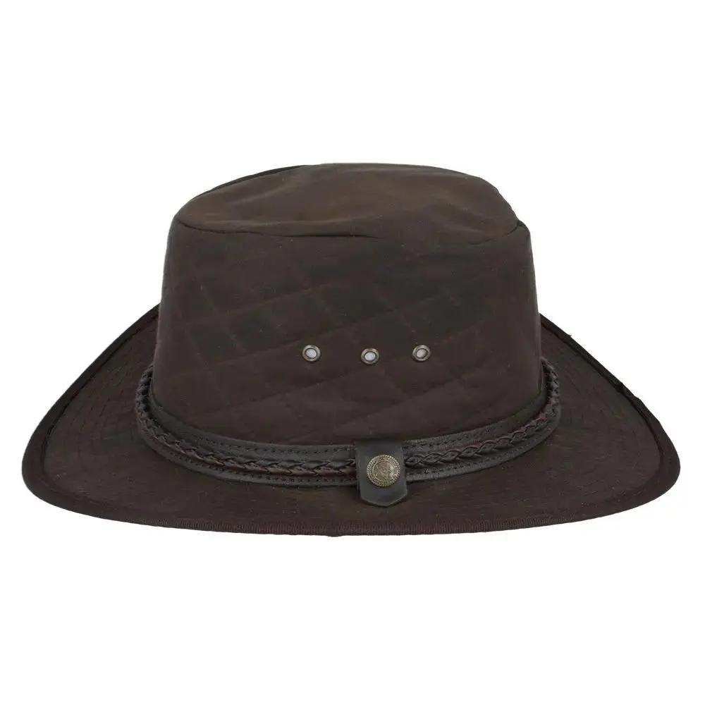 cowboy hat in quilted British waxed cotton with UPF 40+ protection. Features 10cm western crown and shapeable 7.5cm brim. Available in Black, Brown, and Olive, sizes 55-61cm. Complete with chin strap and ventilation. Combines authentic western style with British durability.