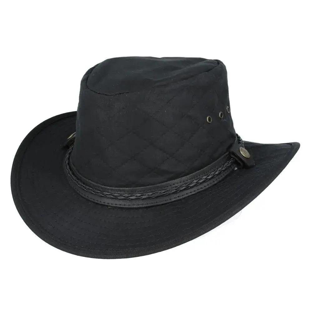 cowboy hat in quilted British waxed cotton with UPF 40+ protection. Features 10cm western crown and shapeable 7.5cm brim. Available in Black, Brown, and Olive, sizes 55-61cm. Complete with chin strap and ventilation. Combines authentic western style with British durability.