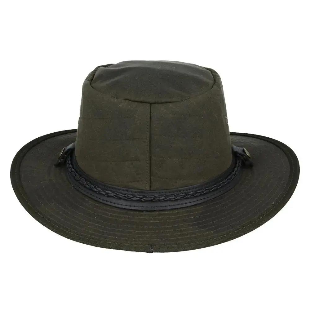 cowboy hat in quilted British waxed cotton with UPF 40+ protection. Features 10cm western crown and shapeable 7.5cm brim. Available in Black, Brown, and Olive, sizes 55-61cm. Complete with chin strap and ventilation. Combines authentic western style with British durability.