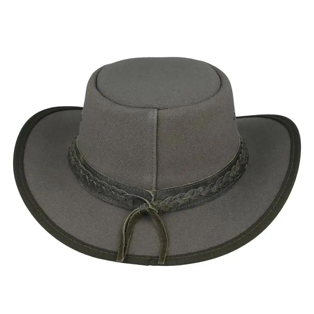 Authentic Australian outback hat in thick waxed canvas with UPF 40+ protection. Features 10cm crown height, chin strap, and braided leather band. Available in Black, Brown, and Olive, sizes 55-61cm. Perfect for outback adventures with maximum ventilation and sun protection.