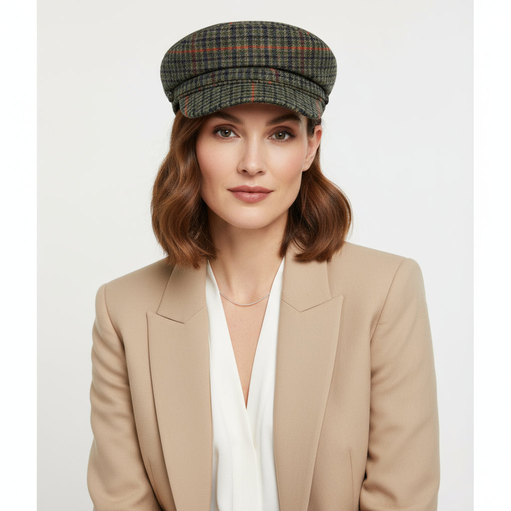 Model Wearing Tweed Fiddler Cap – Classic Houndstooth Captain Hat