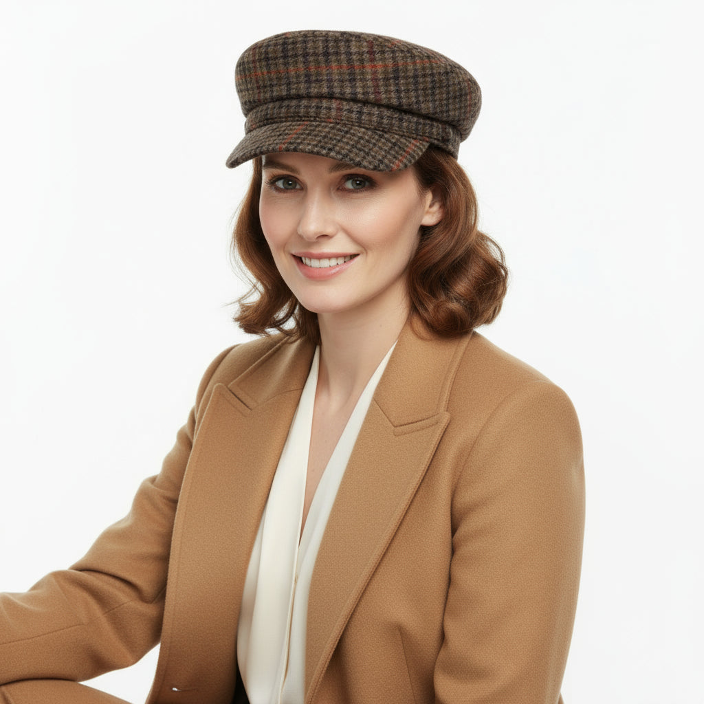 Novella Hats Model wearing Houndstooth Tweed Captain Hat – Sailor Style Cap
