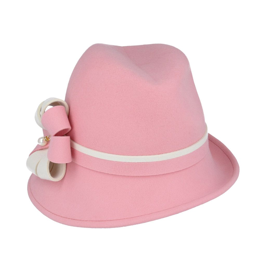 Pink hat with a white band and bow on a white background