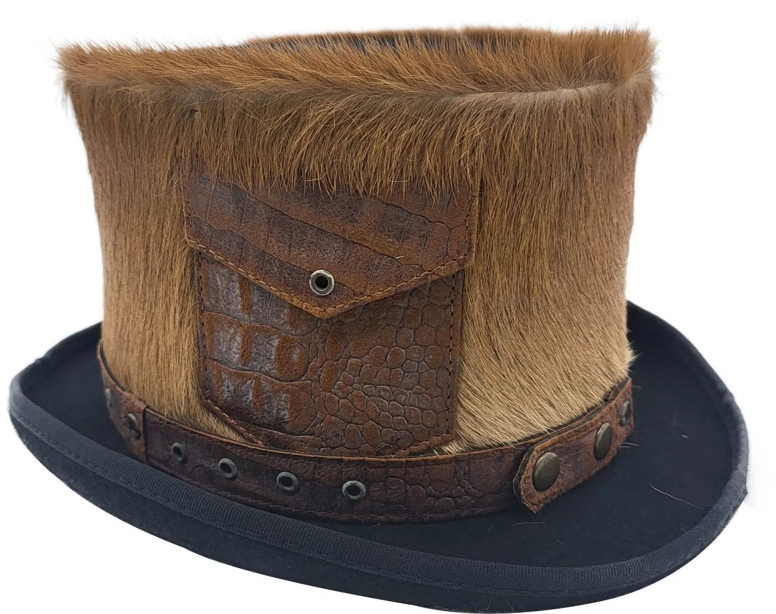 Handcrafted Steampunk Victorian 12cm wool felt top hat featuring authentic leather strap detailing. Perfect for steampunk enthusiasts, vintage fashion lovers, and statement dressing. Available in sizes 55-60cm. Each hat combines premium materials with artisan craftsmanship. A distinctive piece for both events and fancy wear.