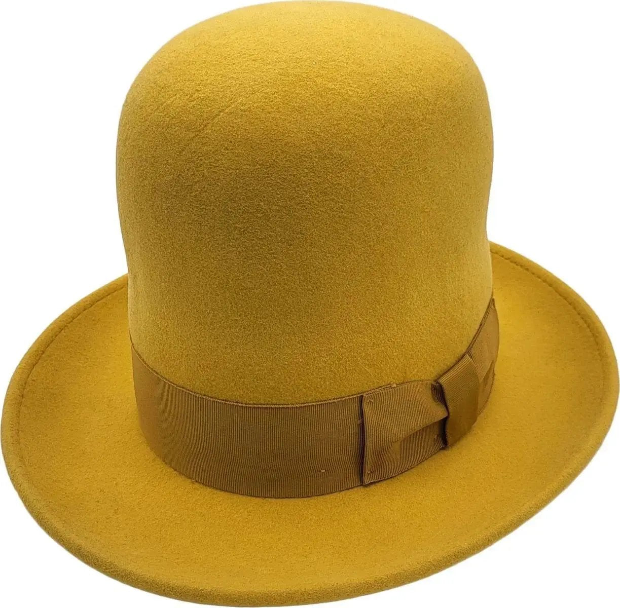 Mustard- Yellow Handmade Oversized Tall Hat. Premium 100% wool construction with superior comfort. One size fits most, featuring an adjustable inner Velcro strap. Wrapped with a ribbon band and side bow. Available in Black, Burgundy, Teal, Mustard-Yellow, Camel-Brown, Royal-Blue. Unmatched quality for a timeless, unique look.