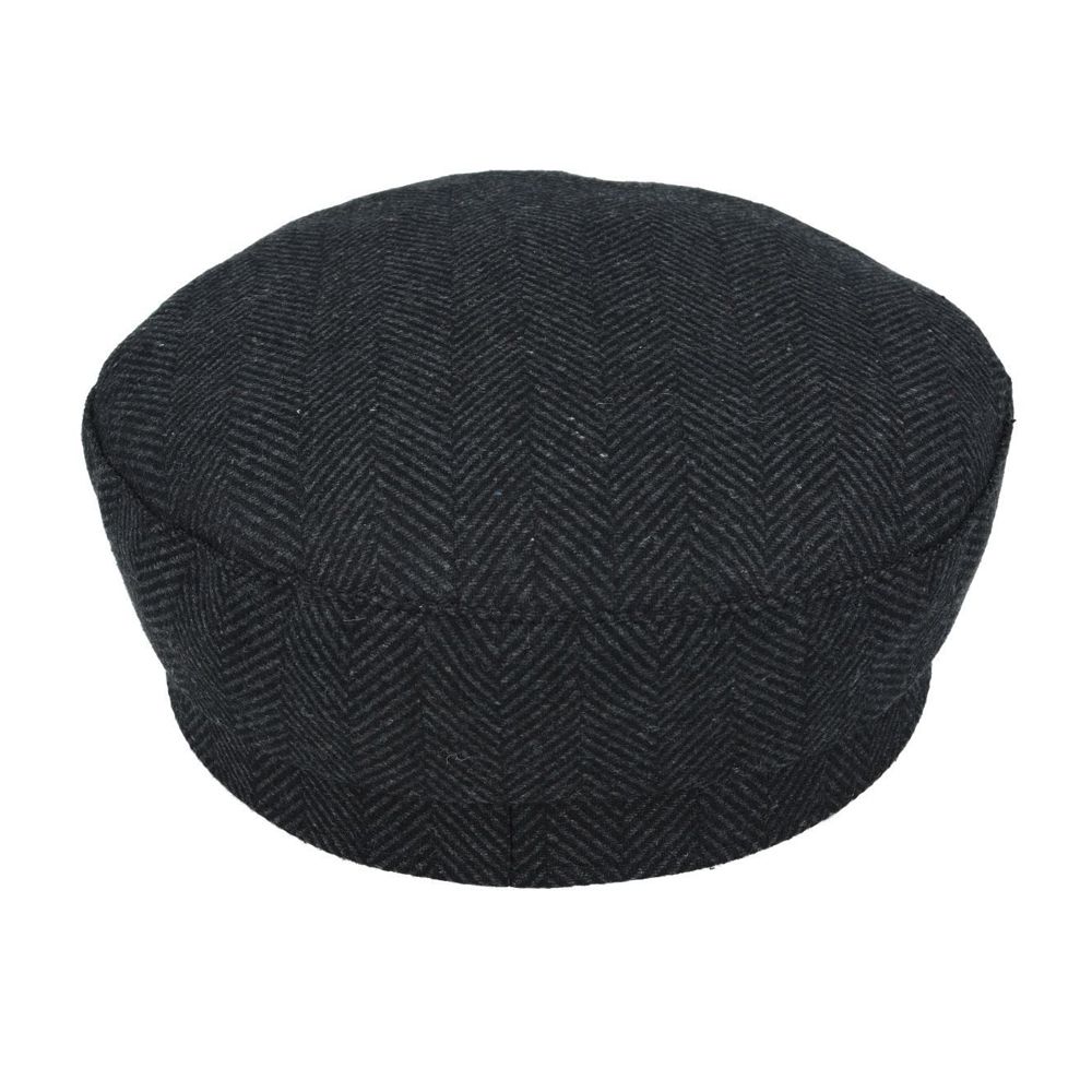 Side View of Novella Wool Fisherman Cap in Charcoal with Button Detail