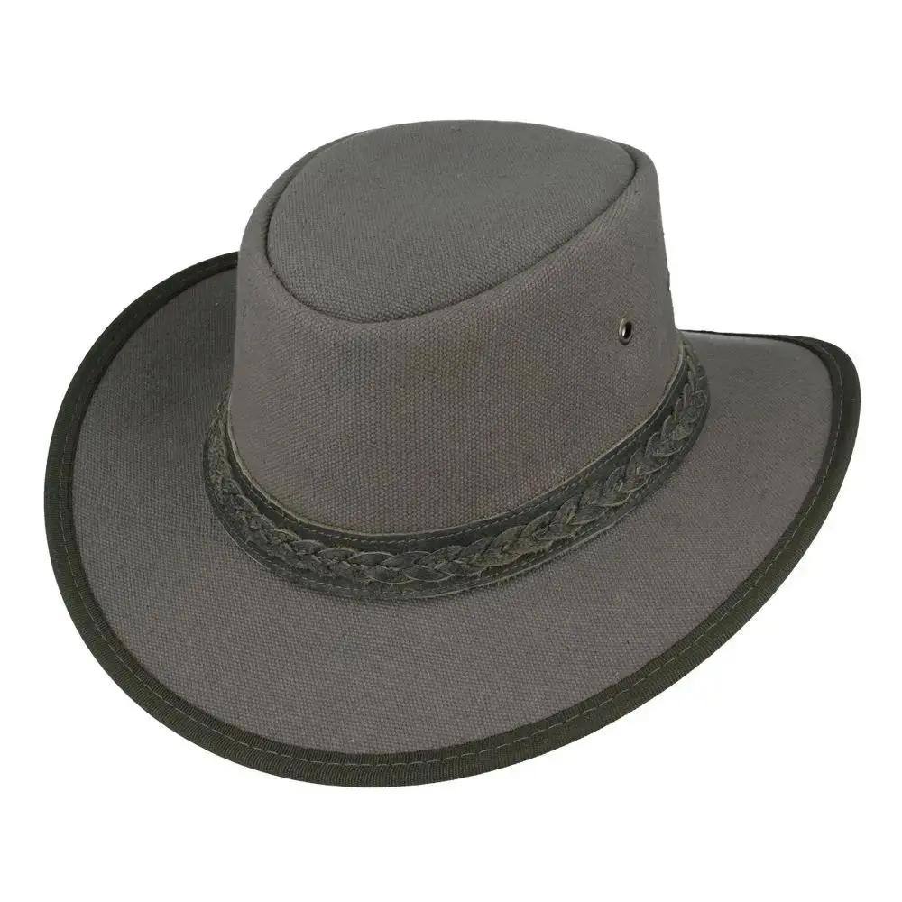 Authentic Australian outback hat in thick waxed canvas with UPF 40+ protection. Features 10cm crown height, chin strap, and braided leather band. Available in Black, Brown, and Olive, sizes 55-61cm. Perfect for outback adventures with maximum ventilation and sun protection.