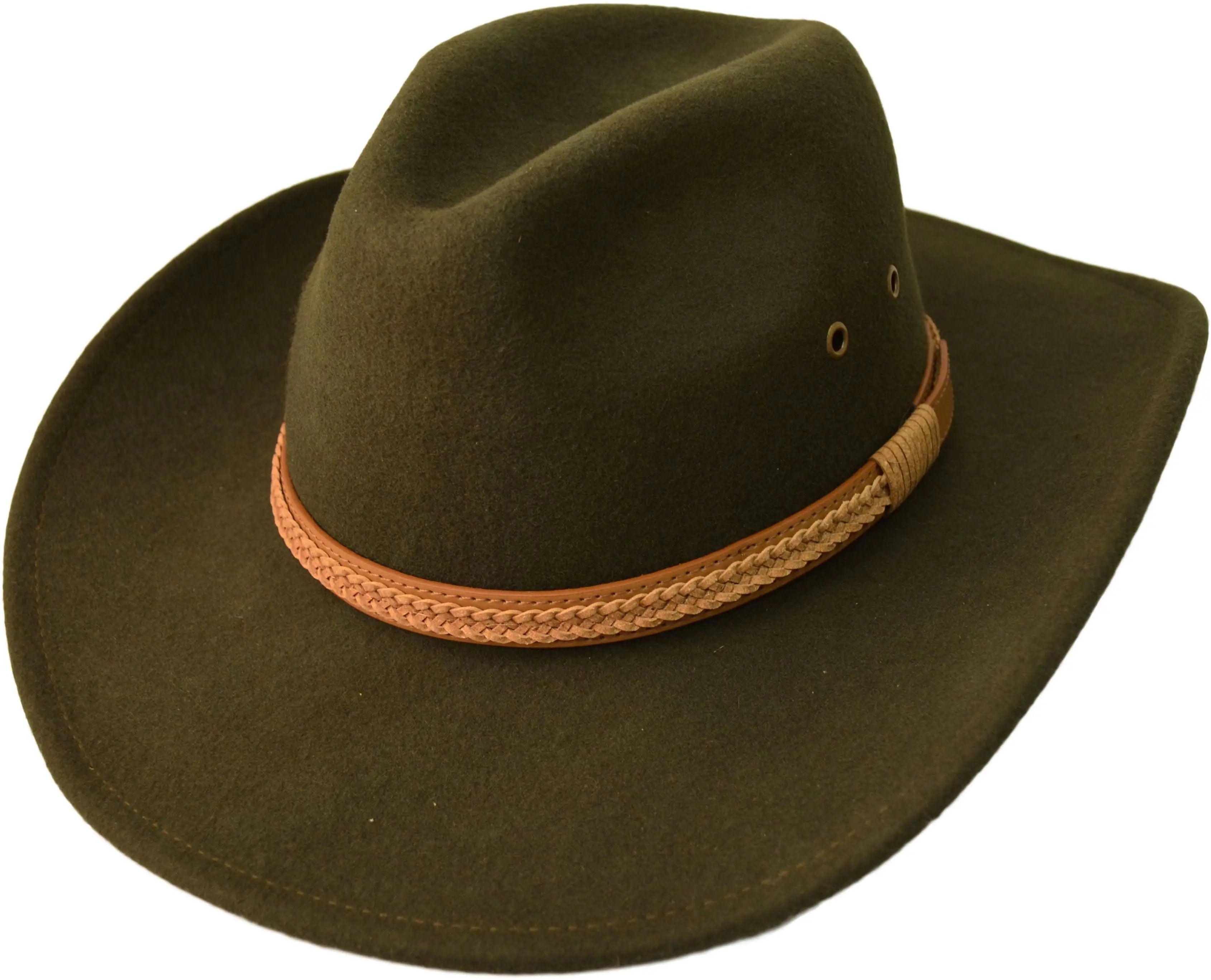 Western style with our handmade 100% wool felt cowboy hat. Crushable, water-repellent, and supremely comfortable. Features wide brim for sun protection and high crown for ventilation. Available in Black, Brown, Olive-Green, and White, sizes S/M and L/XL. Durable, practical, and timelessly stylish for any cowboy.