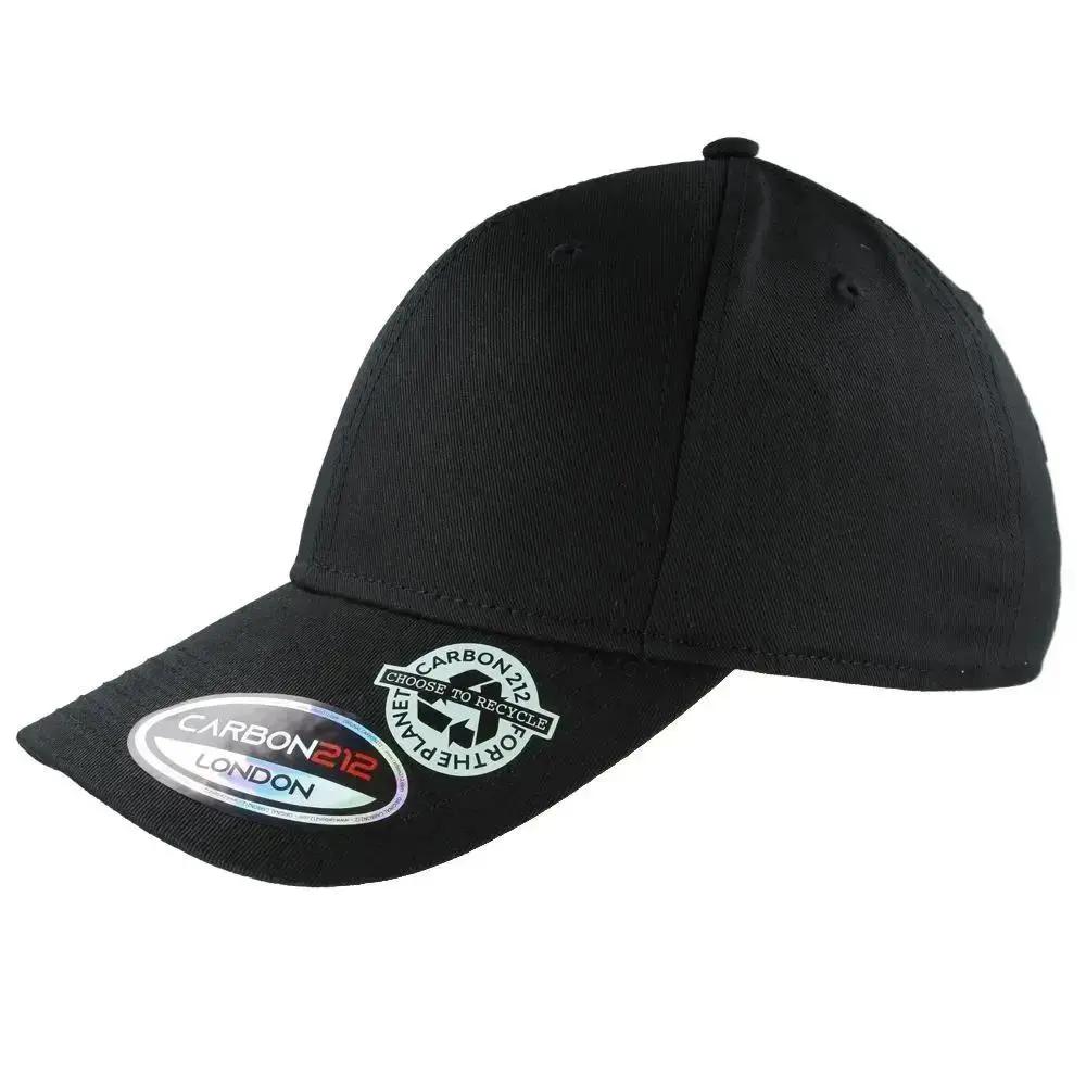Black eco-friendly recycled cotton baseball cap by Carbon212. Made from 60% recycled cotton, this cap features a pre-curved visor, buckle closure, and cotton sweatband. One size fits all. The recycled cotton baseball cap by Carbon212 is a sustainable and stylish choice for any season. Made from 60% recycled cotton