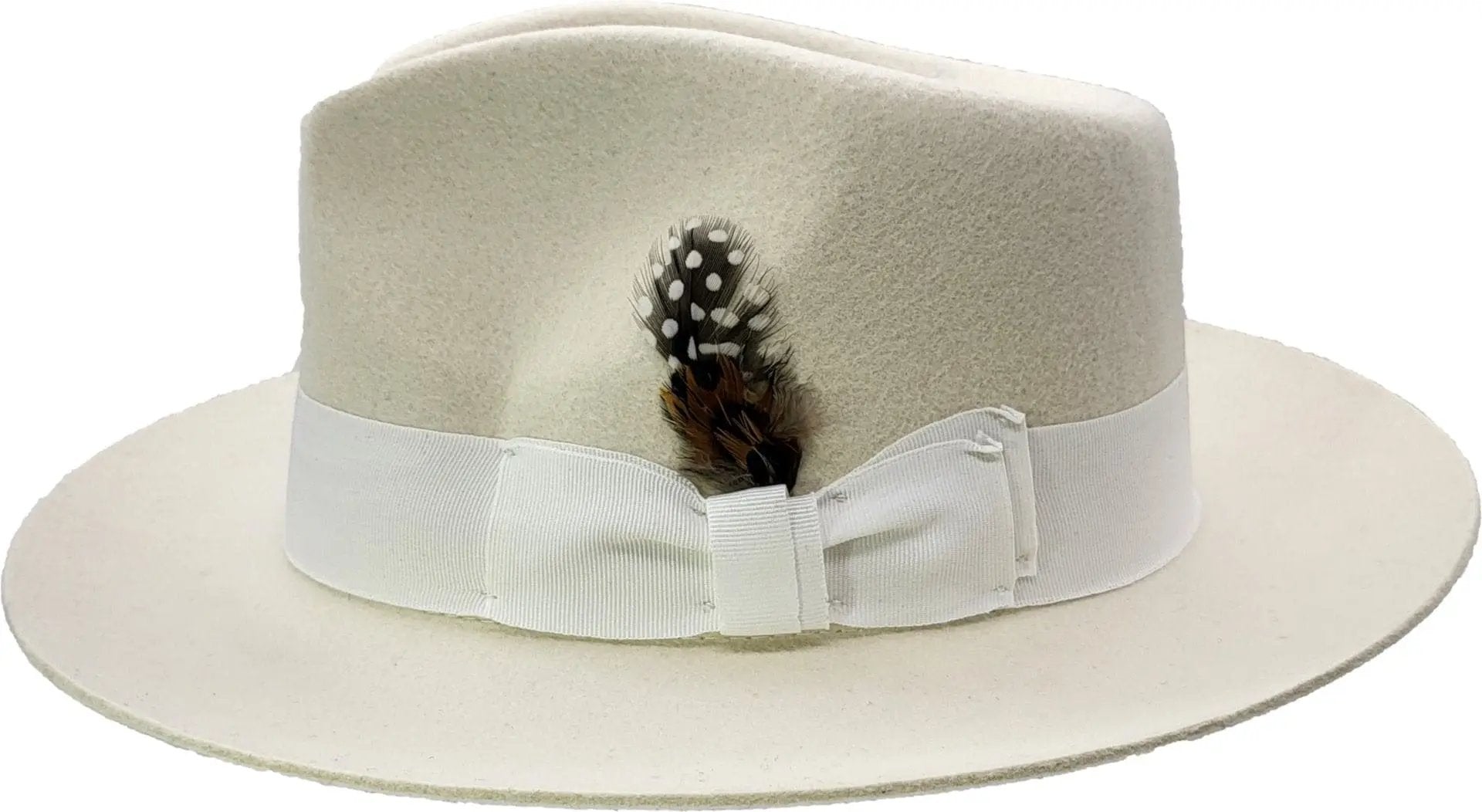 Handcrafted stiff brim fedora in 100% premium wool felt. Features elegant grosgrain ribbon band, satin lining, and signature feather detail. Available in Classic White or Black, sizes 55-60cm. Each hat combines traditional fedora styling with superior construction for timeless sophistication.