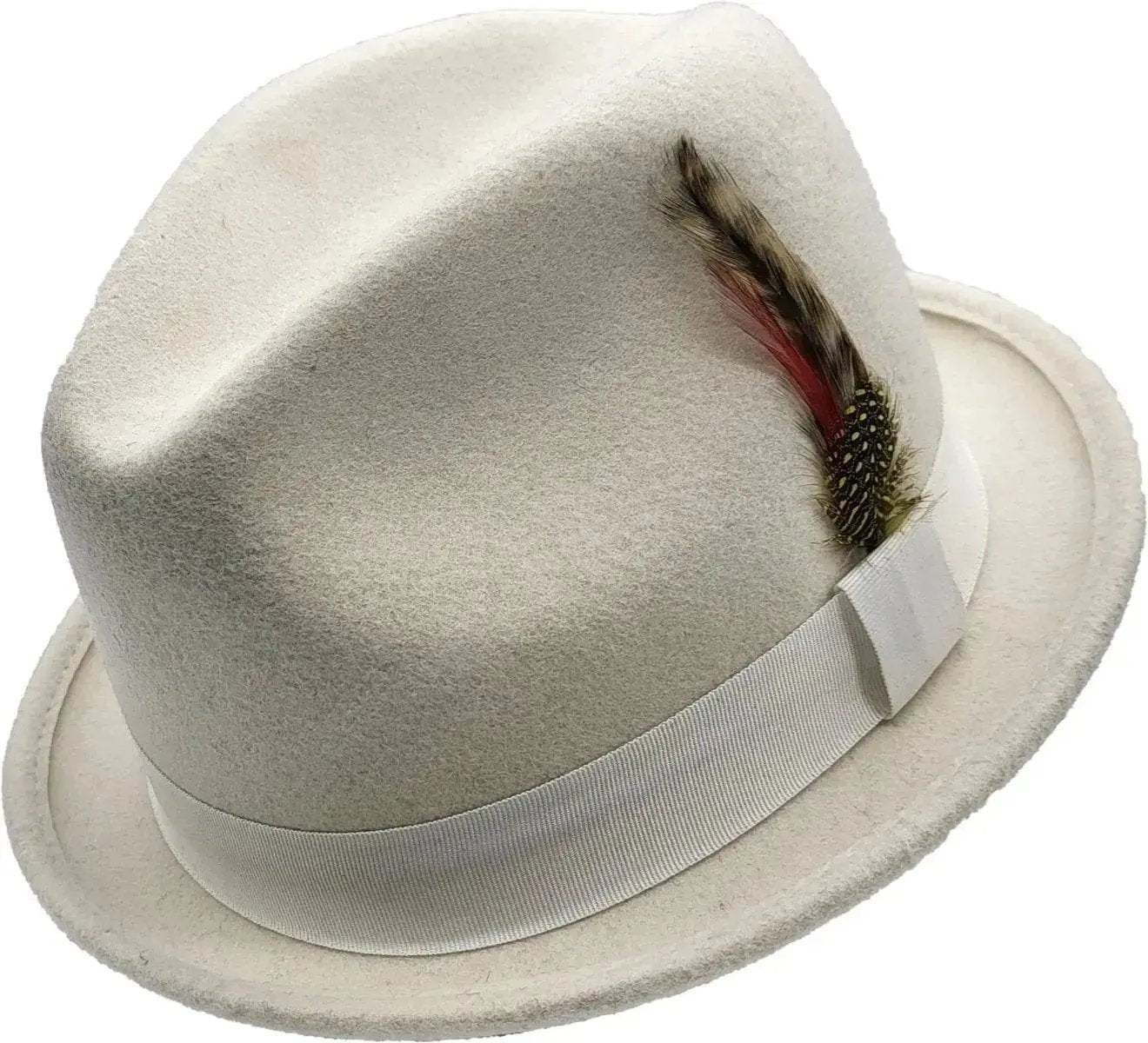 A short-brim Trilby handmade from pure wool felt (sizes 55-60cm). Each hat showcases a grosgrain ribbon, feather detail, and superior craftsmanship. Choose from Black, White, Grey, or Brown. The traditional shape and shorter brim make it versatile for both formal and casual wear.