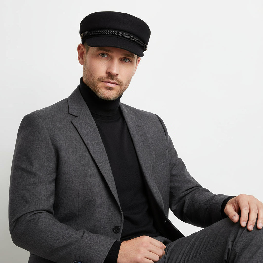 Styled Look – Model Wearing Black Wool Sailor Hat by Novella