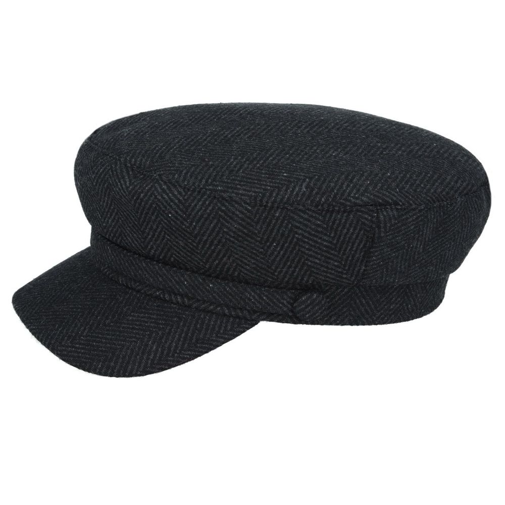 Side View of Novella Wool Fisherman Cap in Charcoal with Button Detail