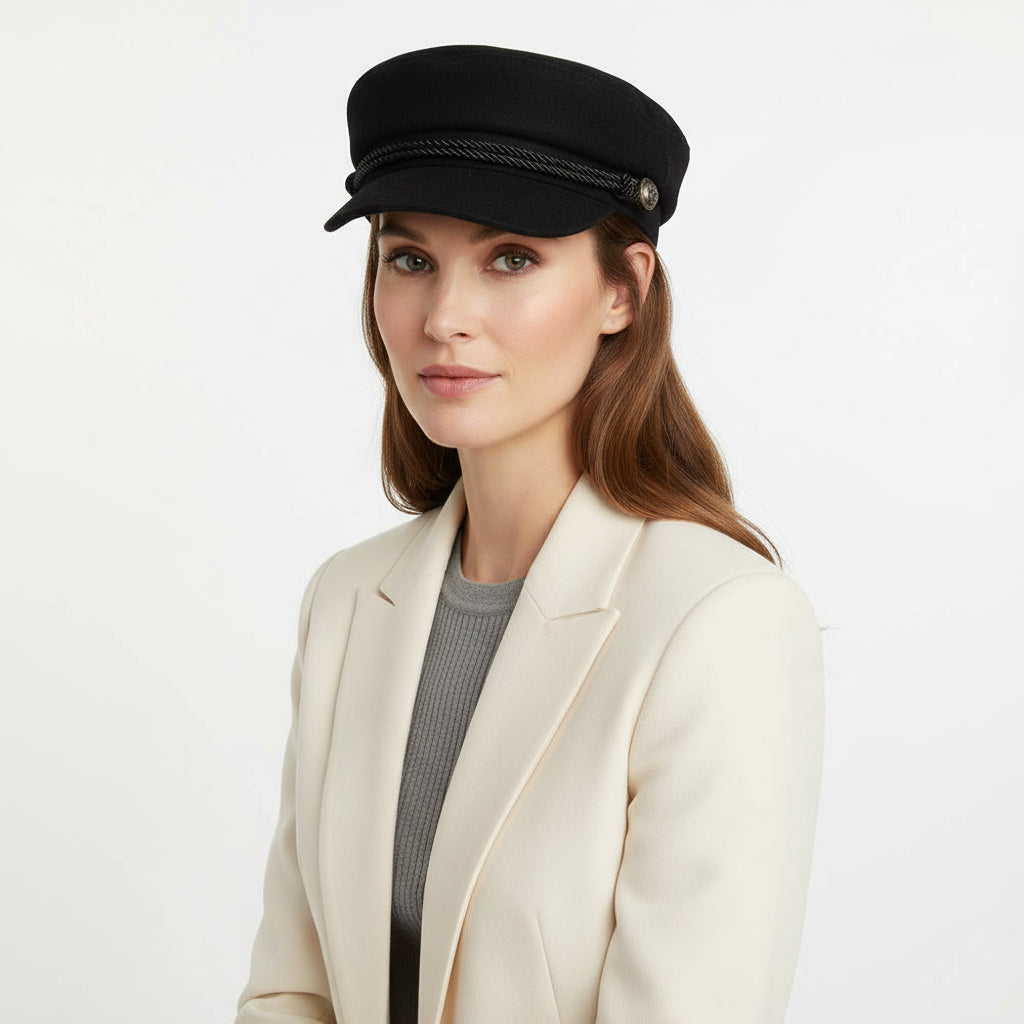 Novella Model Wearing Black Breton Hat – Unisex Wool Captain Cap for Winter Fashion