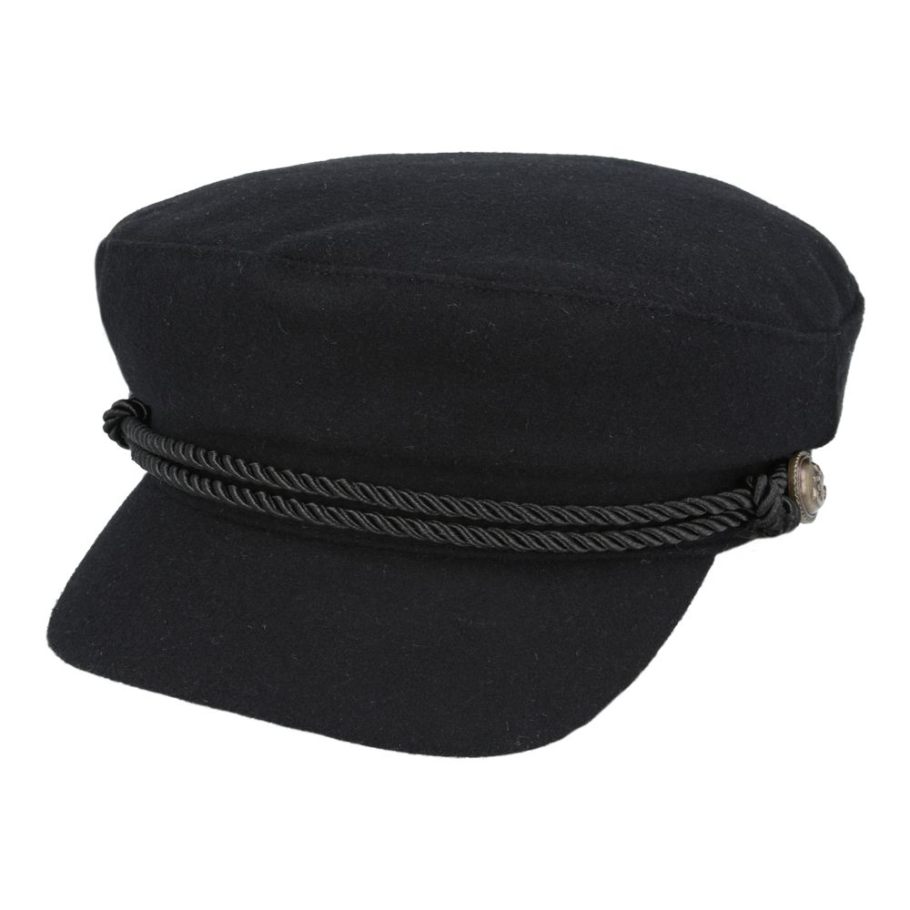 Front View of Black Wool Breton Captain Hat with Gold Anchor Buttons