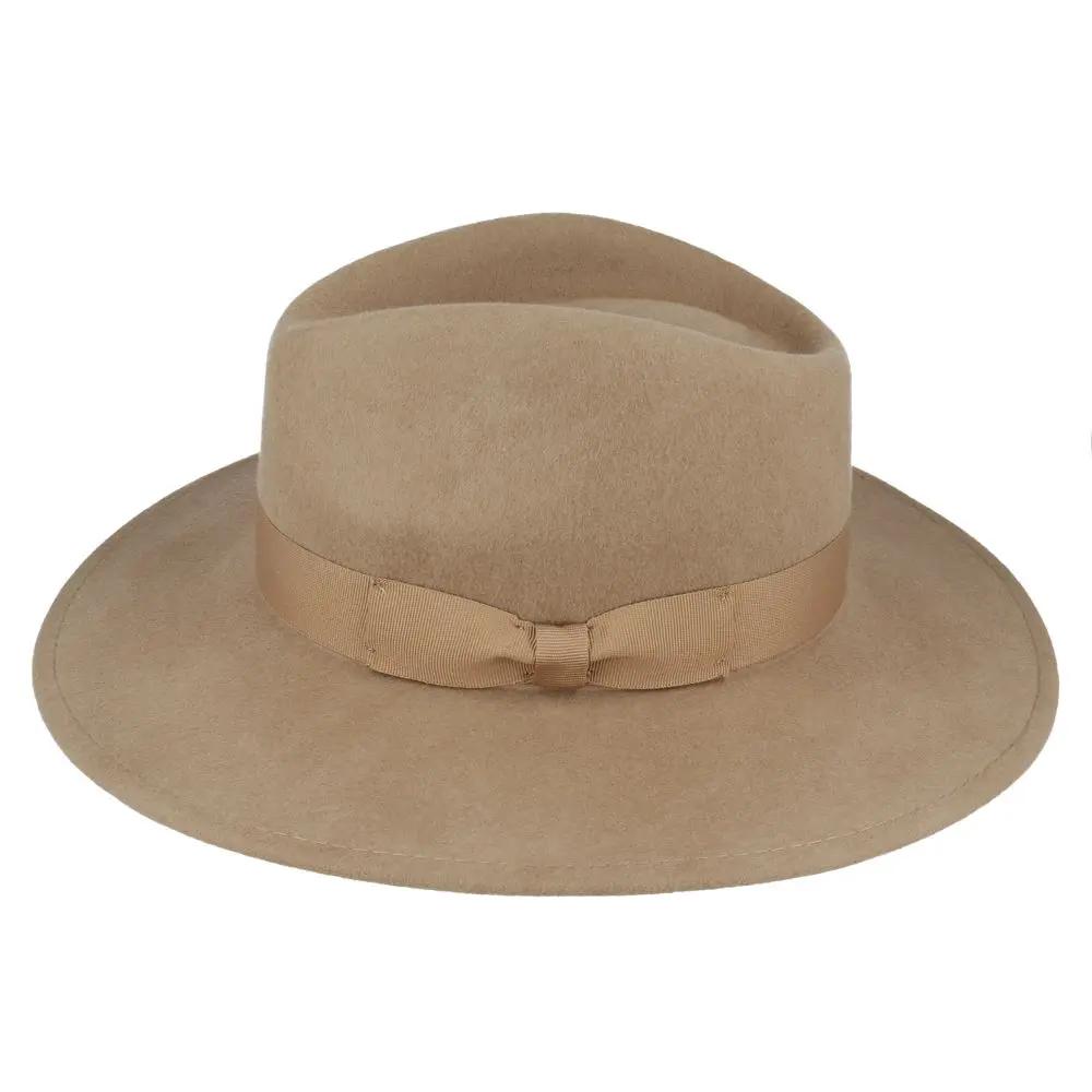The Wide Brim Wool Crushable Fedora is a versatile, classic hat with an A-line shaped brim. This crushable and water-resistant fedora is perfect for travel—simply pack it, shake it, and wear it. The snap brim allows for different styling options, making it both dressy and practical. Hat Details: Material: 100% Wool