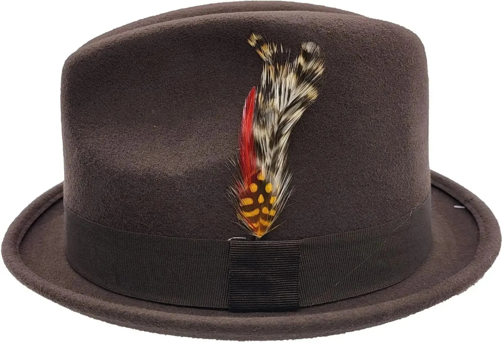 A short-brim Trilby handmade from pure wool felt (sizes 55-60cm). Each hat showcases a grosgrain ribbon, feather detail, and superior craftsmanship. Choose from Black, White, Grey, or Brown. The traditional shape and shorter brim make it versatile for both formal and casual wear.