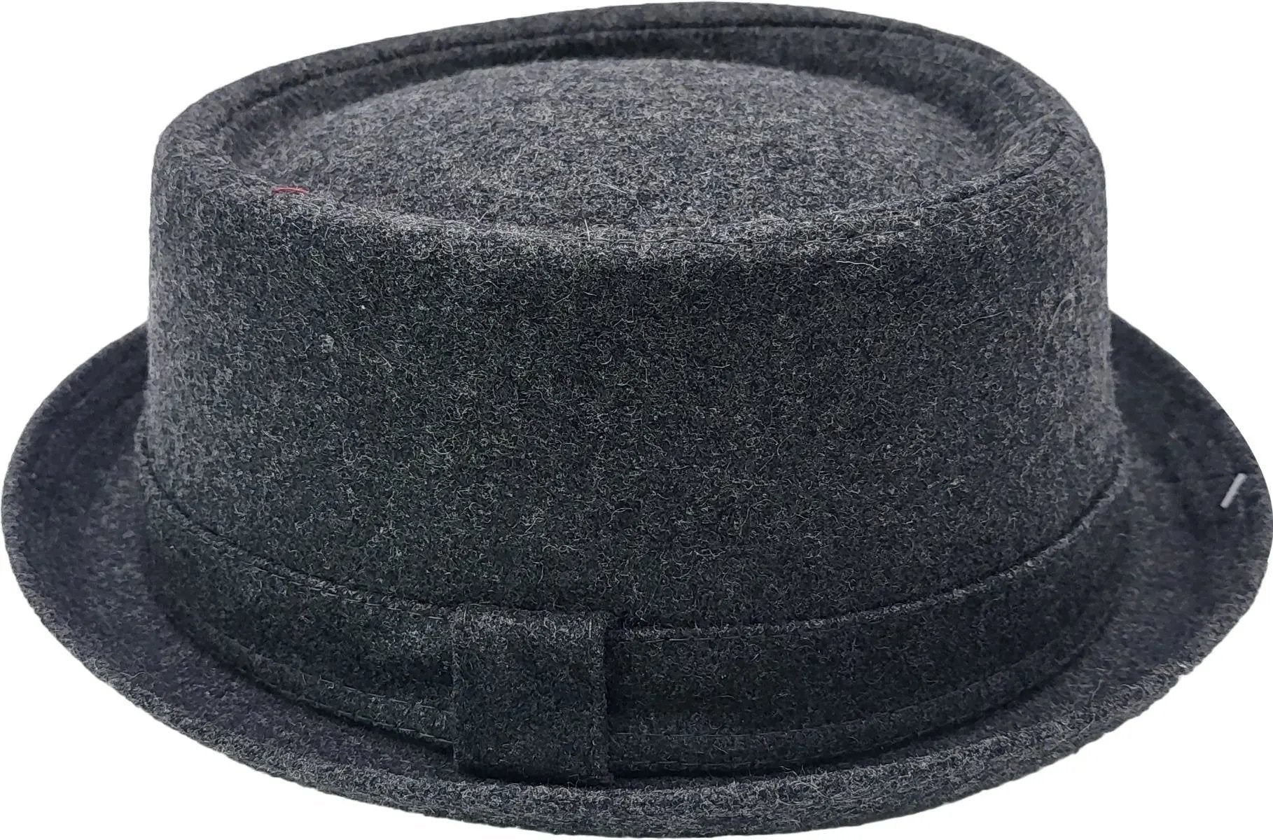 Classic Round Pork Pie Hat in 30% wool blend. Stylish upturned brim, ribbon band. Black or Grey, sizes S-XL. Comfortable, easy to clean. Sponge clean only. Hat Details: Style: Round Shape Pork Pie Hat Material: 30% Wool, 70% Polyester blend Colors: Black, Grey Sizes: S, M, L, XL Design Features: Flat-topped round crown.
