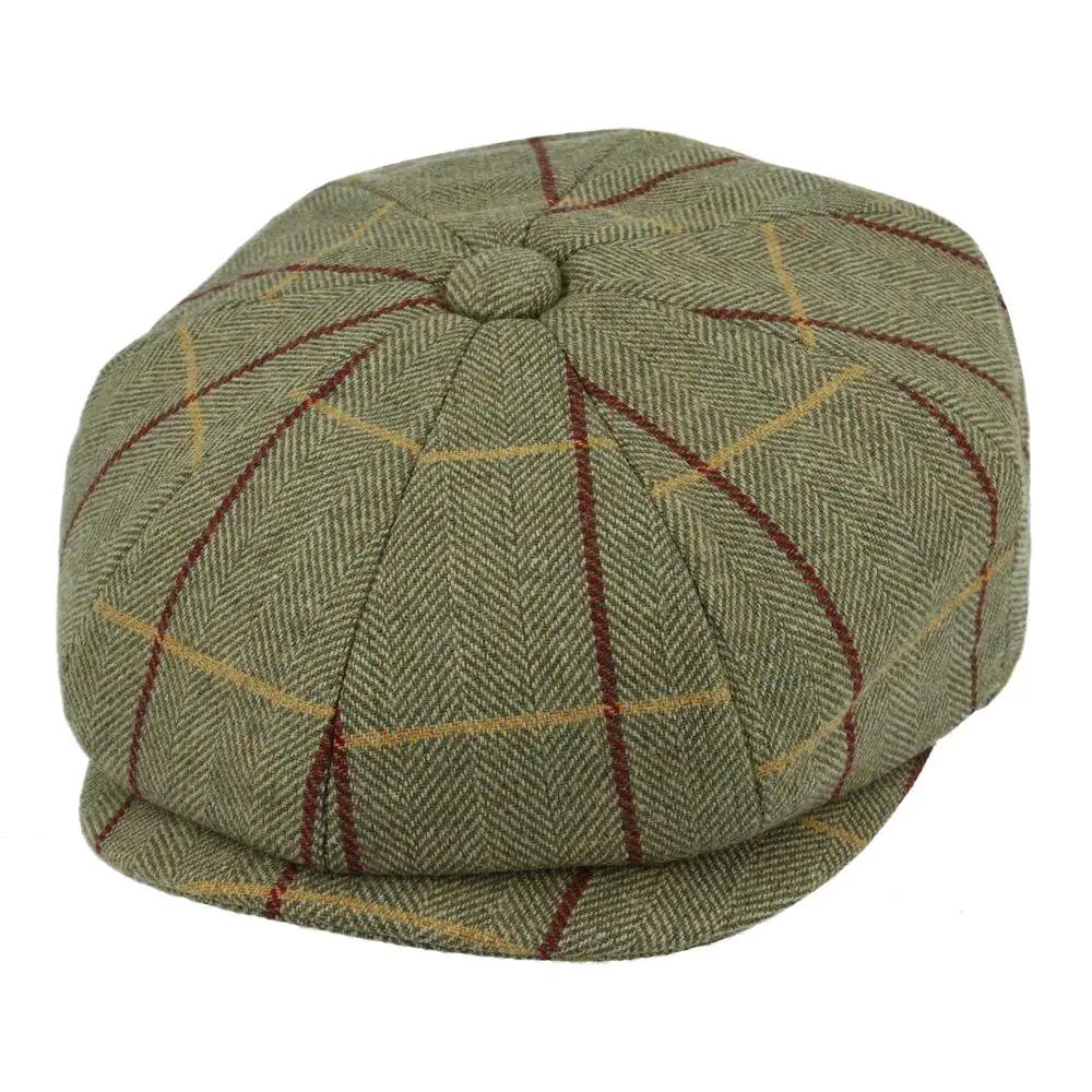 Wool Tweed Newsboy Cap with Green and Red Stripe, crafted from 40% wool and 60% polyester. Features include fabric protection from rain and stains, a quilted polyester lining, and a classic newsboy shape. Available in sizes S-XL. Enjoy style and durability.