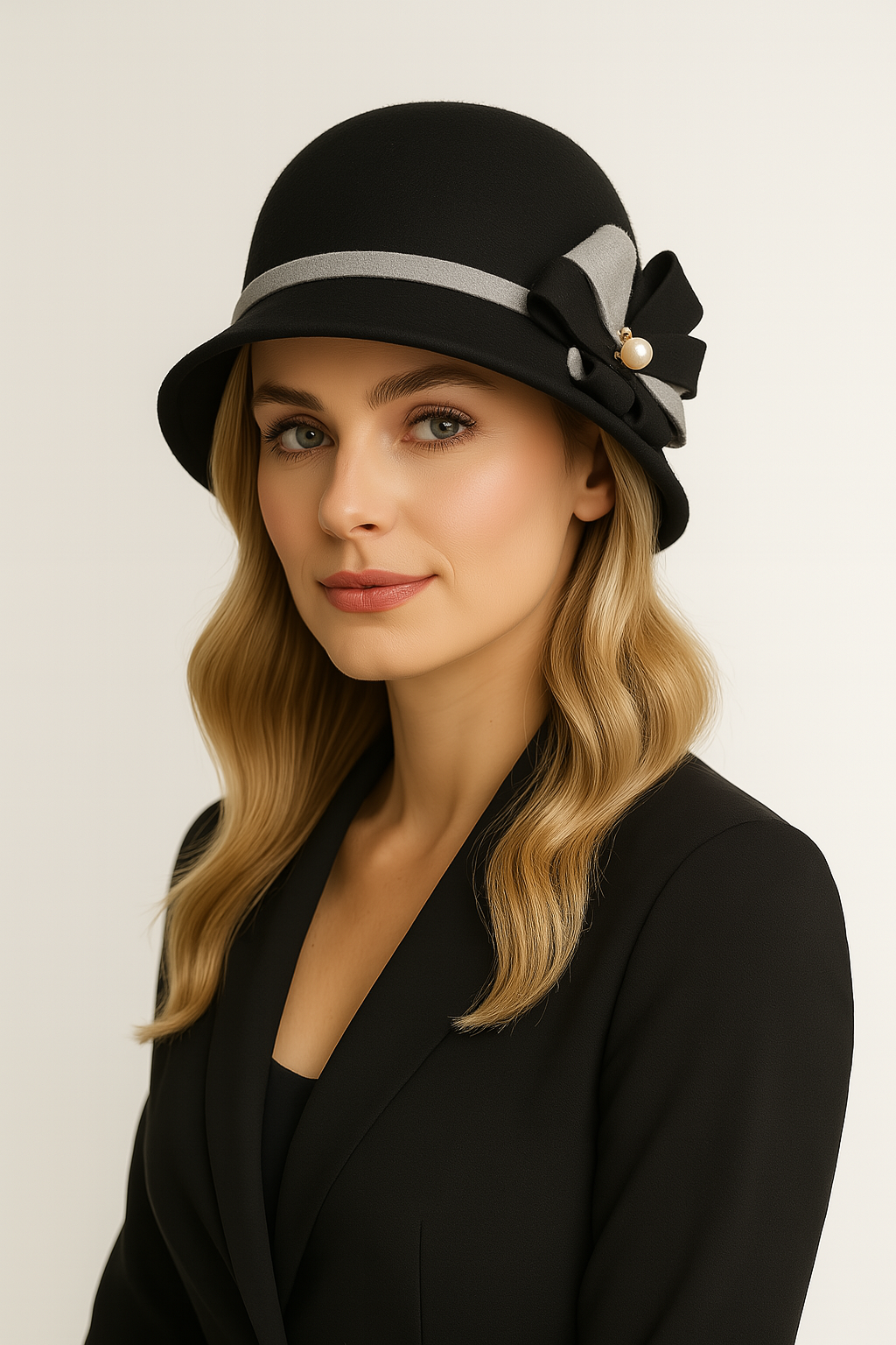 novella hats model wearing a black cloche hat with decorative elements