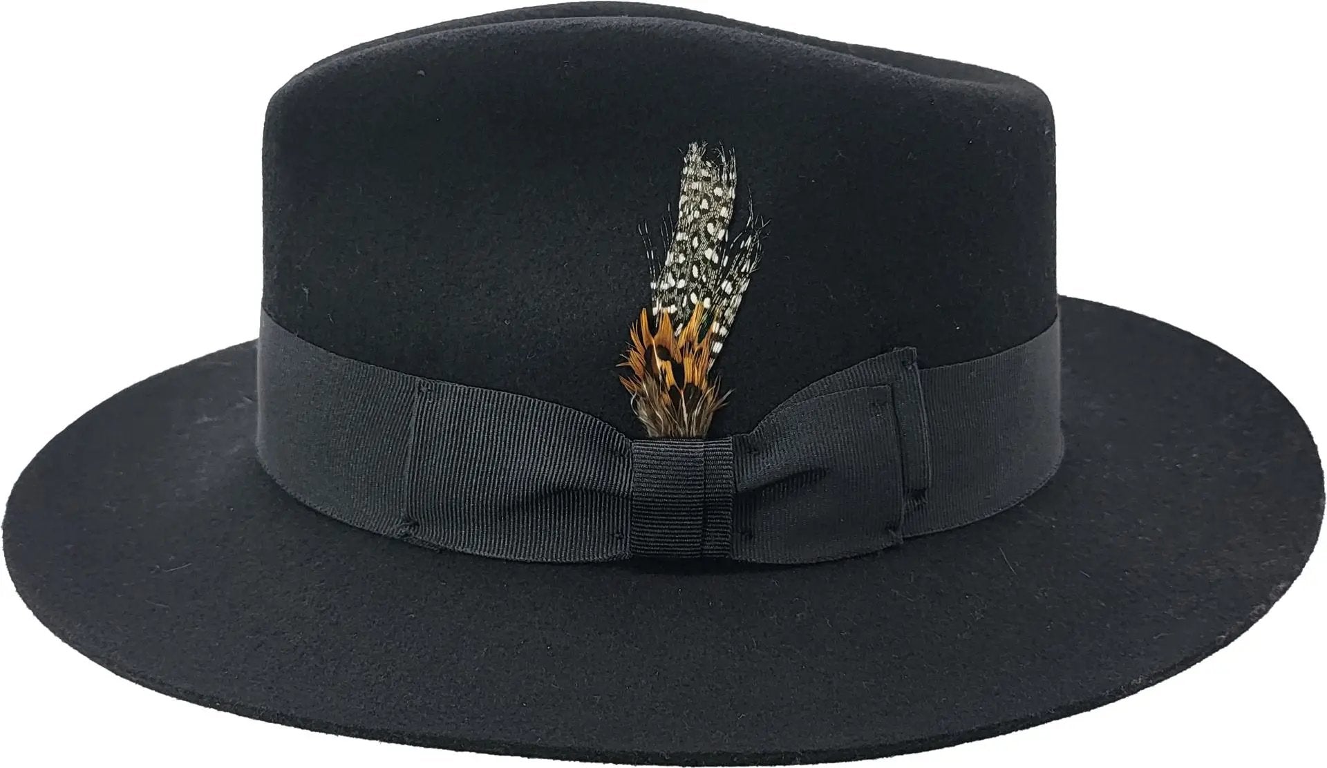 Handcrafted stiff brim fedora in 100% premium wool felt. Features elegant grosgrain ribbon band, satin lining, and signature feather detail. Available in Classic White or Black, sizes 55-60cm. Each hat combines traditional fedora styling with superior construction for timeless sophistication.